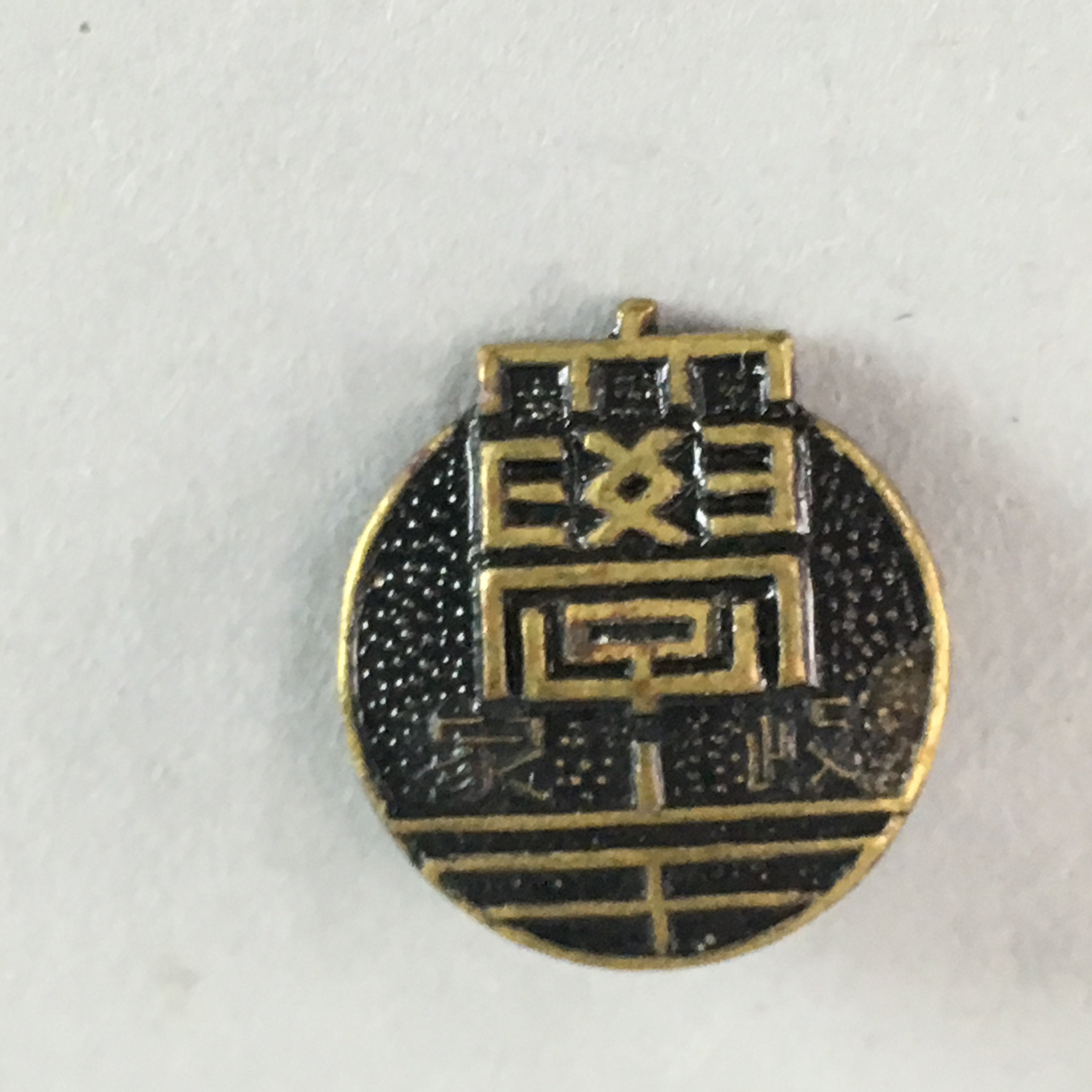 Japanese Small Badge School Pin Vtg Metal Brooch Round Kanji Letter J721