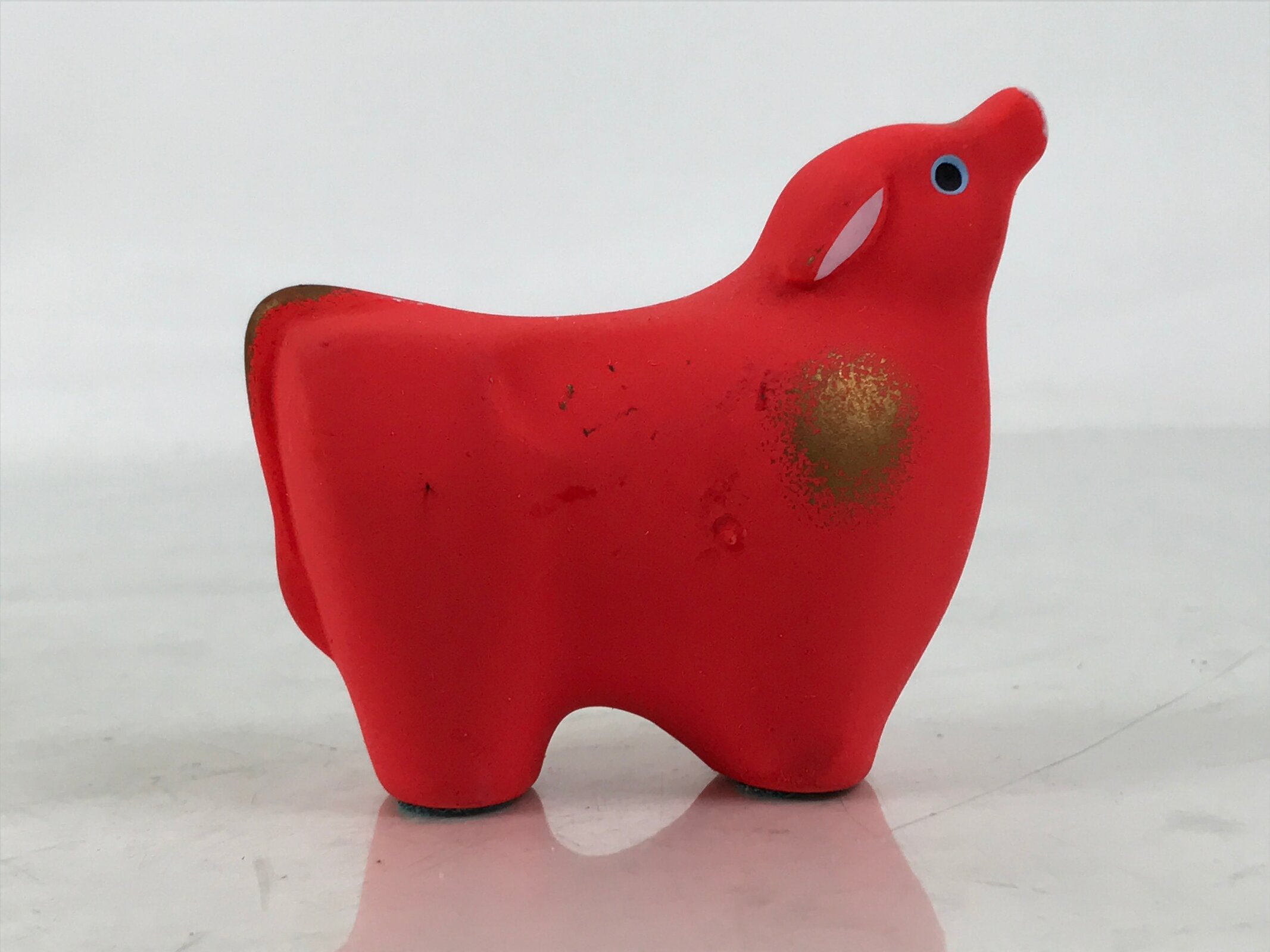 Japanese Small Clay Cow Figurine Vtg Zodiac Ushi Okimono Statue Decor Red ST78