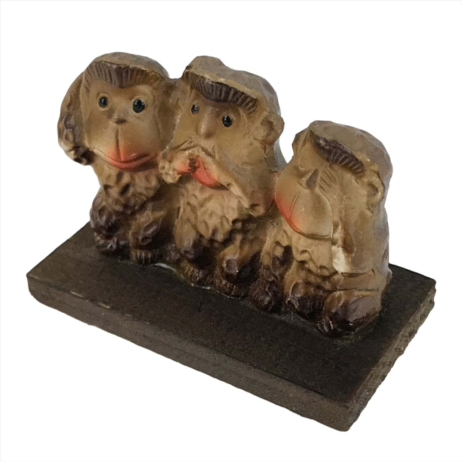 Japanese Small Figurine Three Wise Monkeys Vtg Wood Stand Brown Red BD983