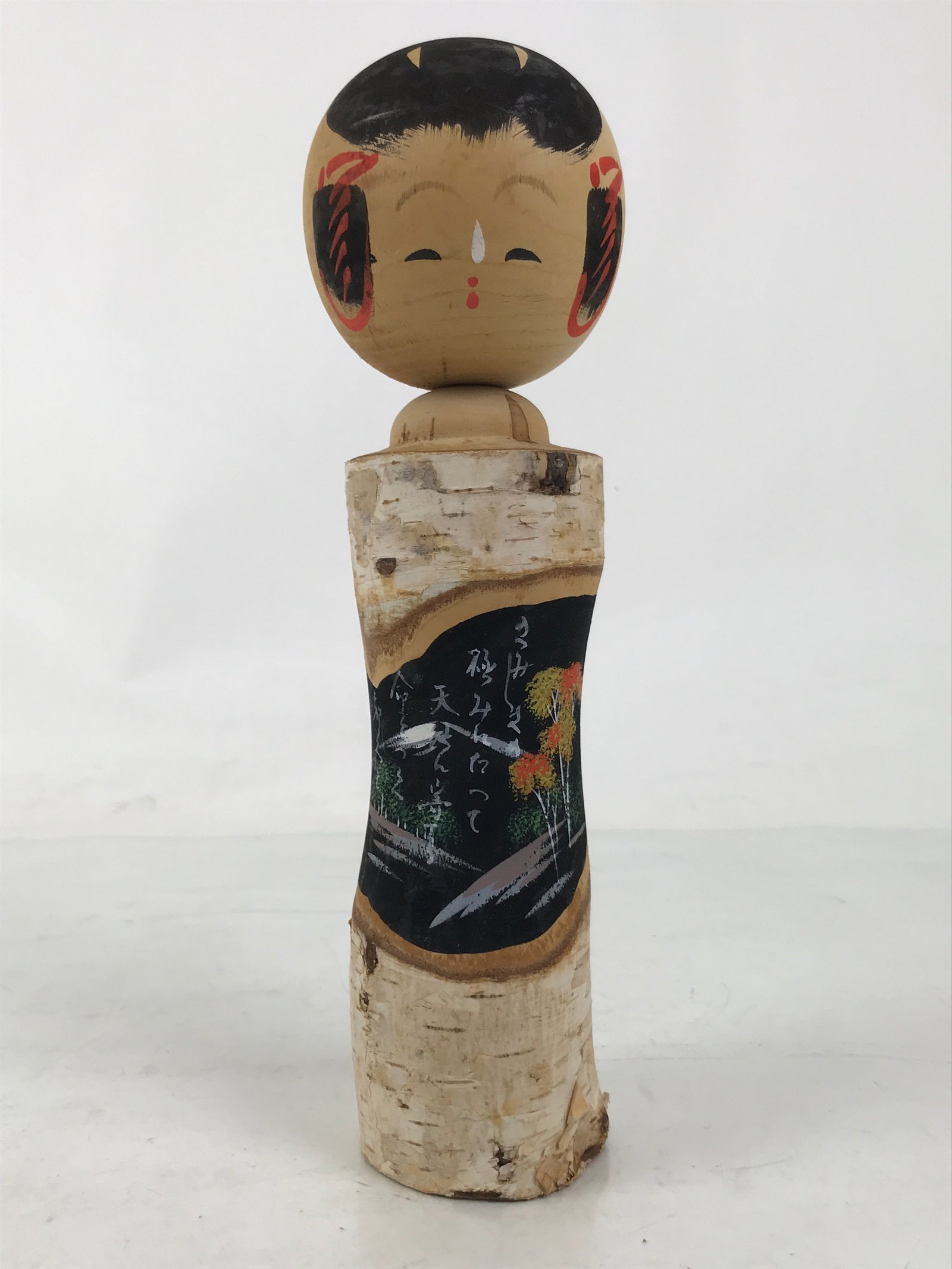 Japanese Souvenir Wooden Kokeshi Doll Vtg Landscape Poem Momiji Birch KF741