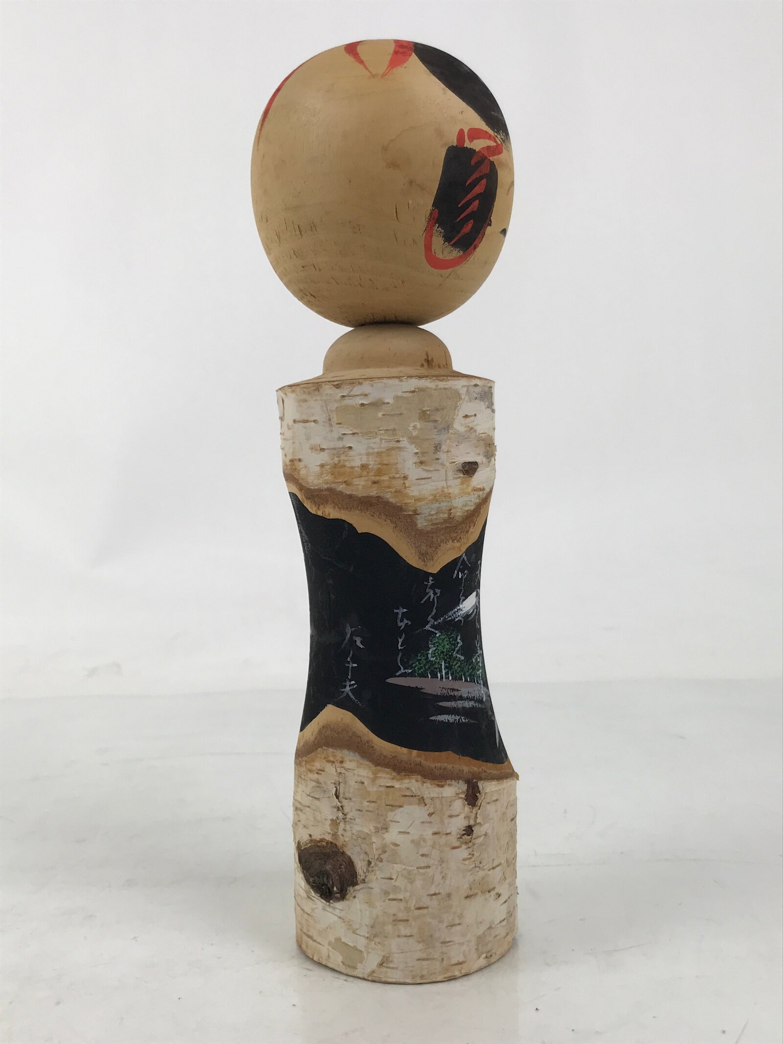 Japanese Souvenir Wooden Kokeshi Doll Vtg Landscape Poem Momiji Birch KF741