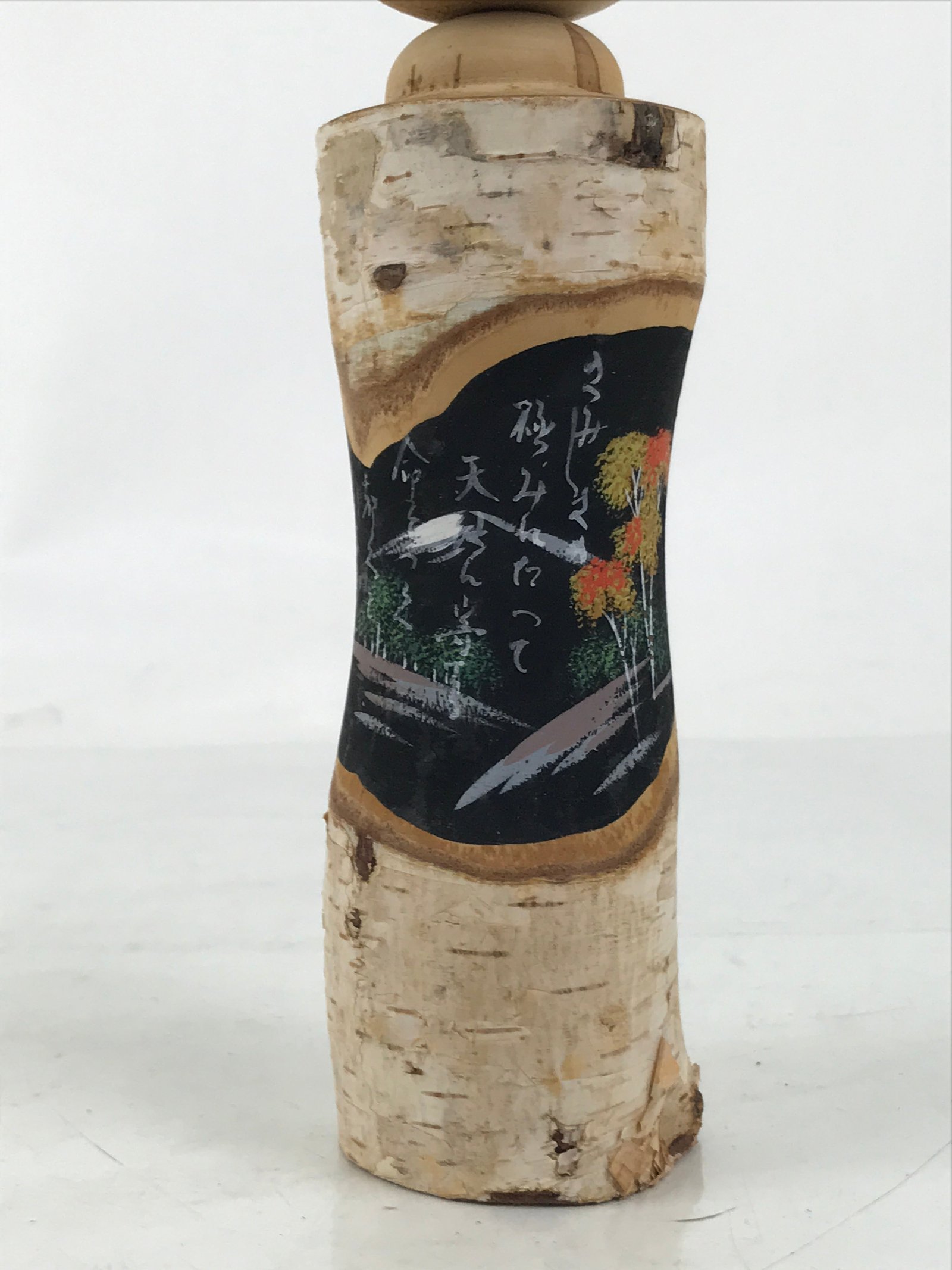 Japanese Souvenir Wooden Kokeshi Doll Vtg Landscape Poem Momiji Birch KF741
