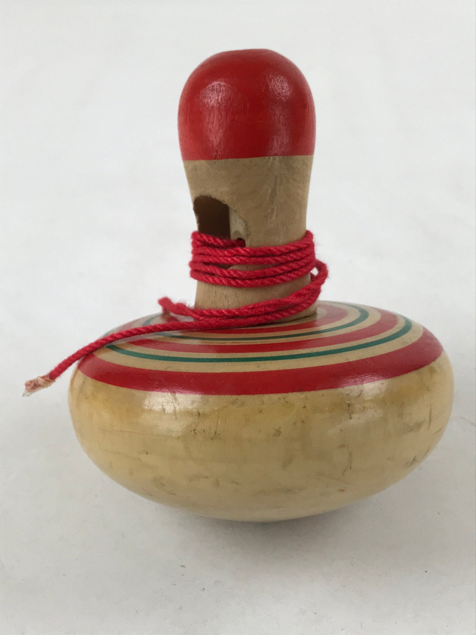 Japanese Spinning Top W/ Removable Handler Vtg Wooden Koma Toy Red Green JK660