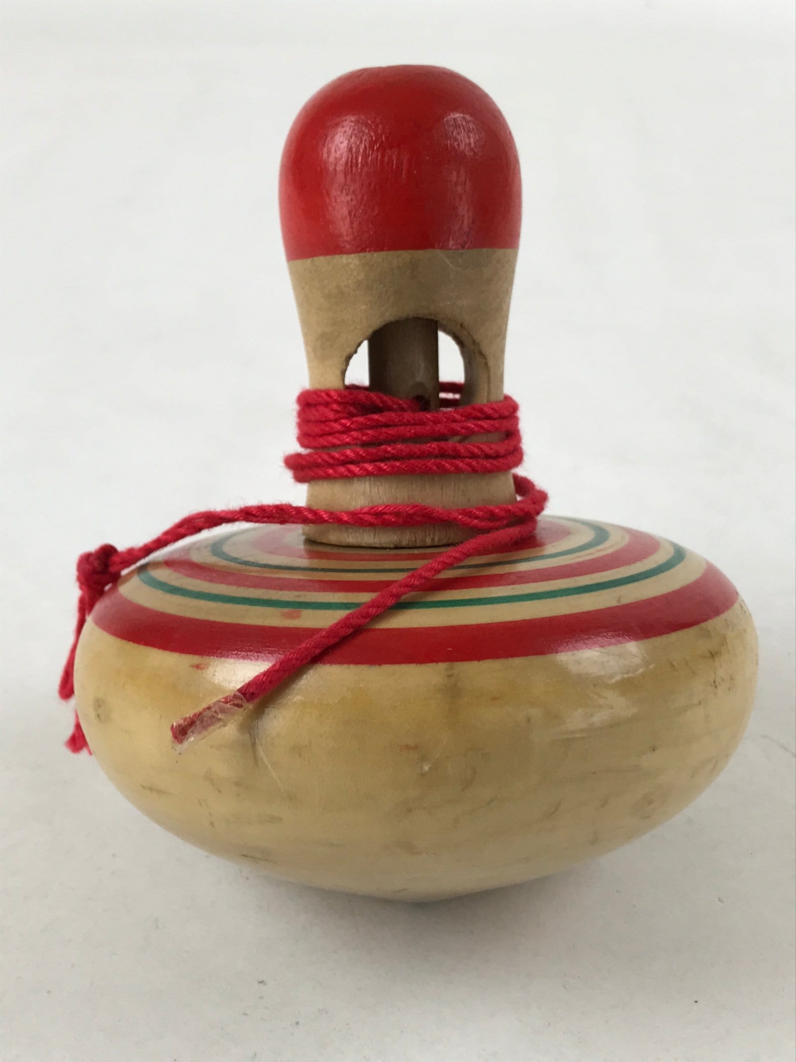 Japanese Spinning Top W/ Removable Handler Vtg Wooden Koma Toy Red Green JK660