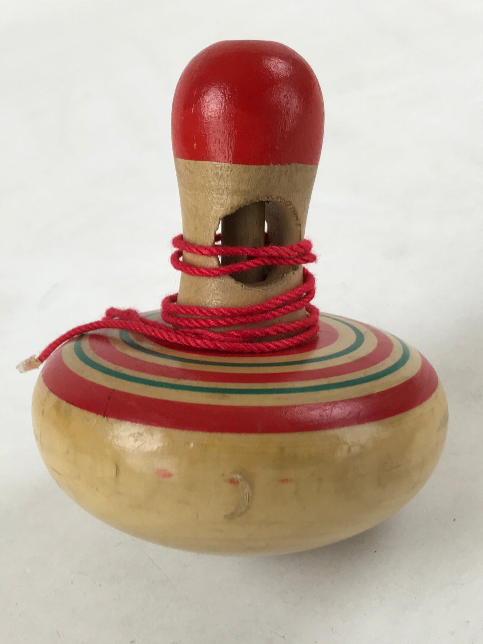 Japanese Spinning Top W/ Removable Handler Vtg Wooden Koma Toy Red Green JK660