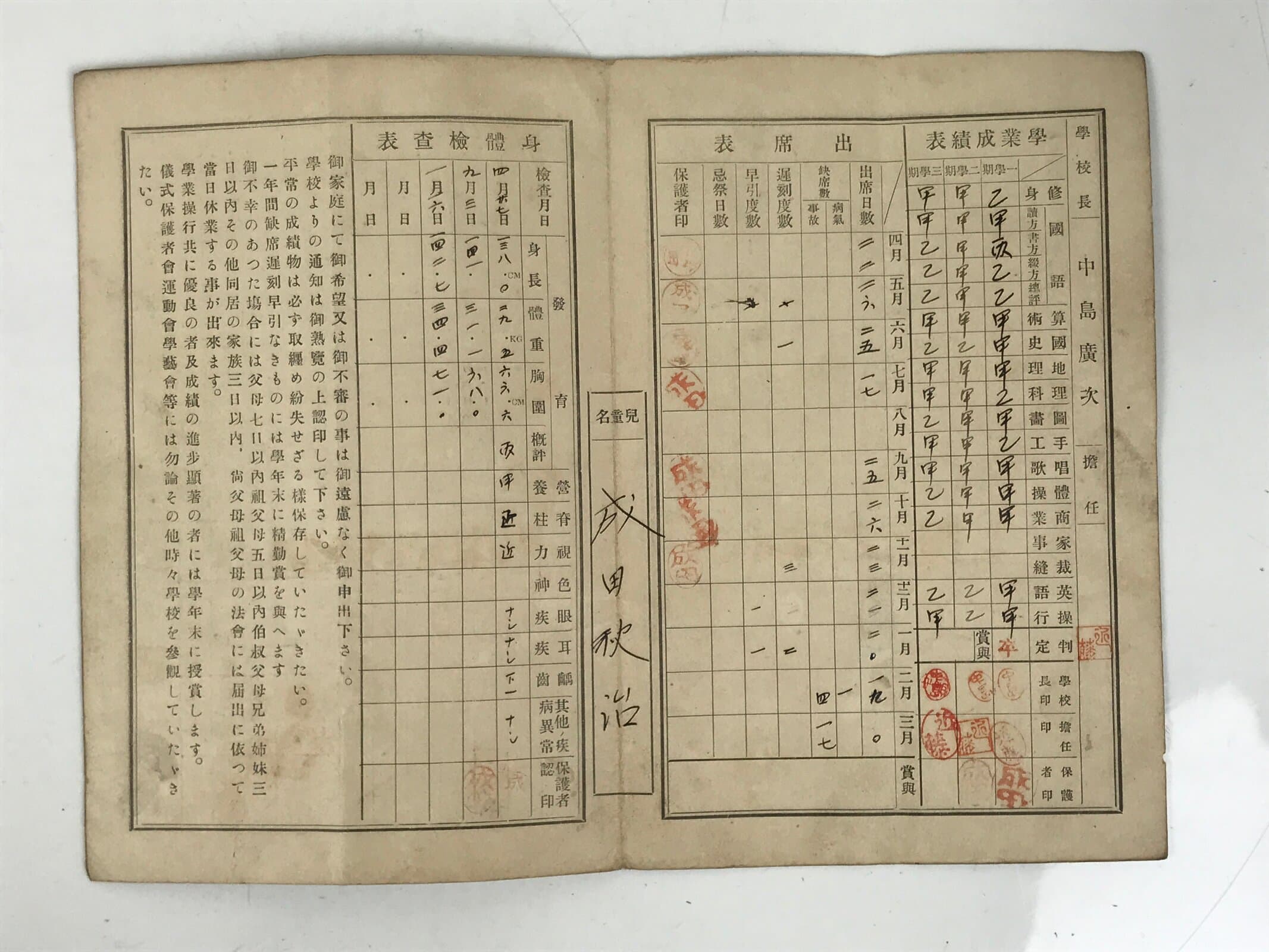 Japanese Student Record Report Card Vtg Elementary School Showa C1930 Paper P395