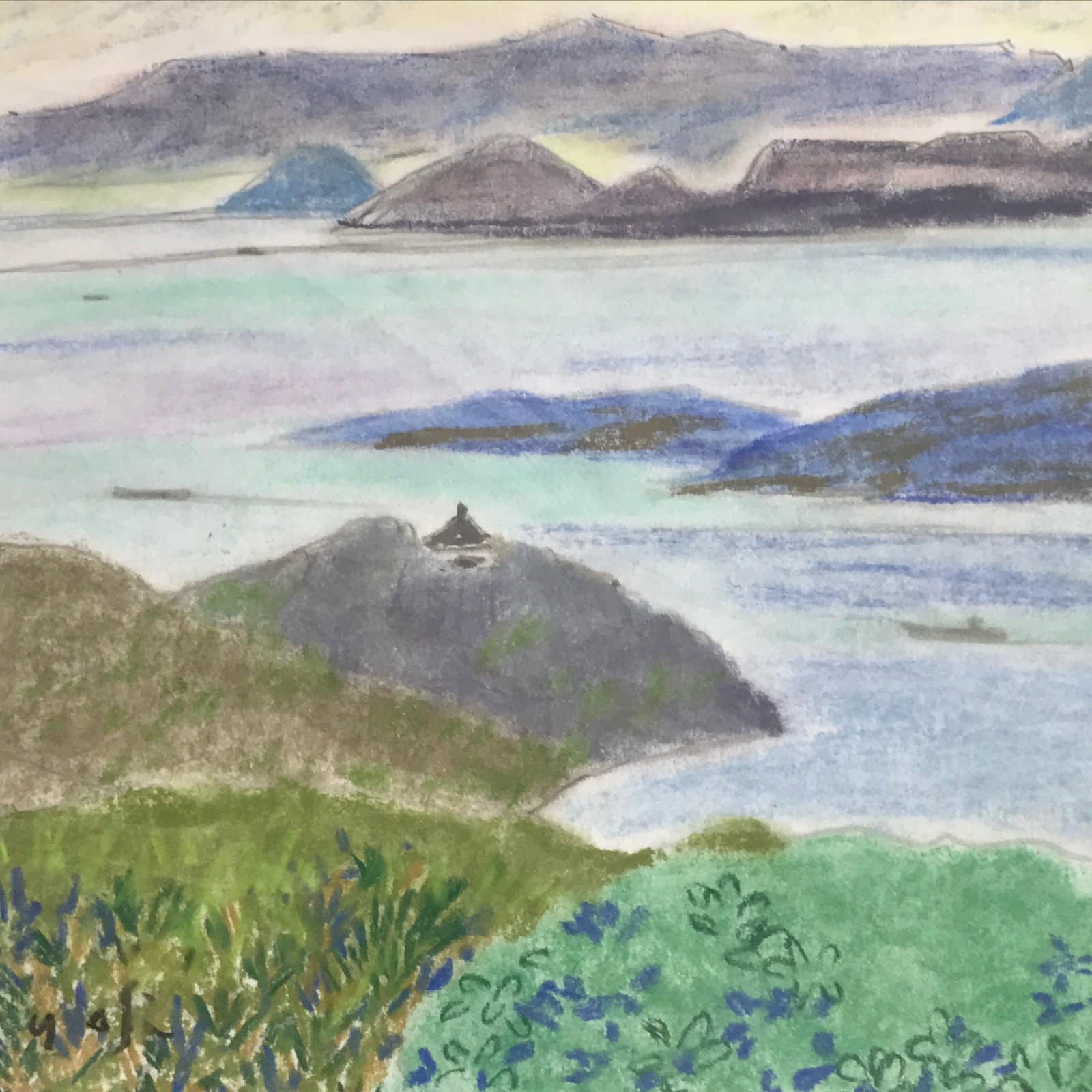 Japanese Sunset Island Seascape Pastel Drawing Art Signed Yoshihiro Hagino FL316