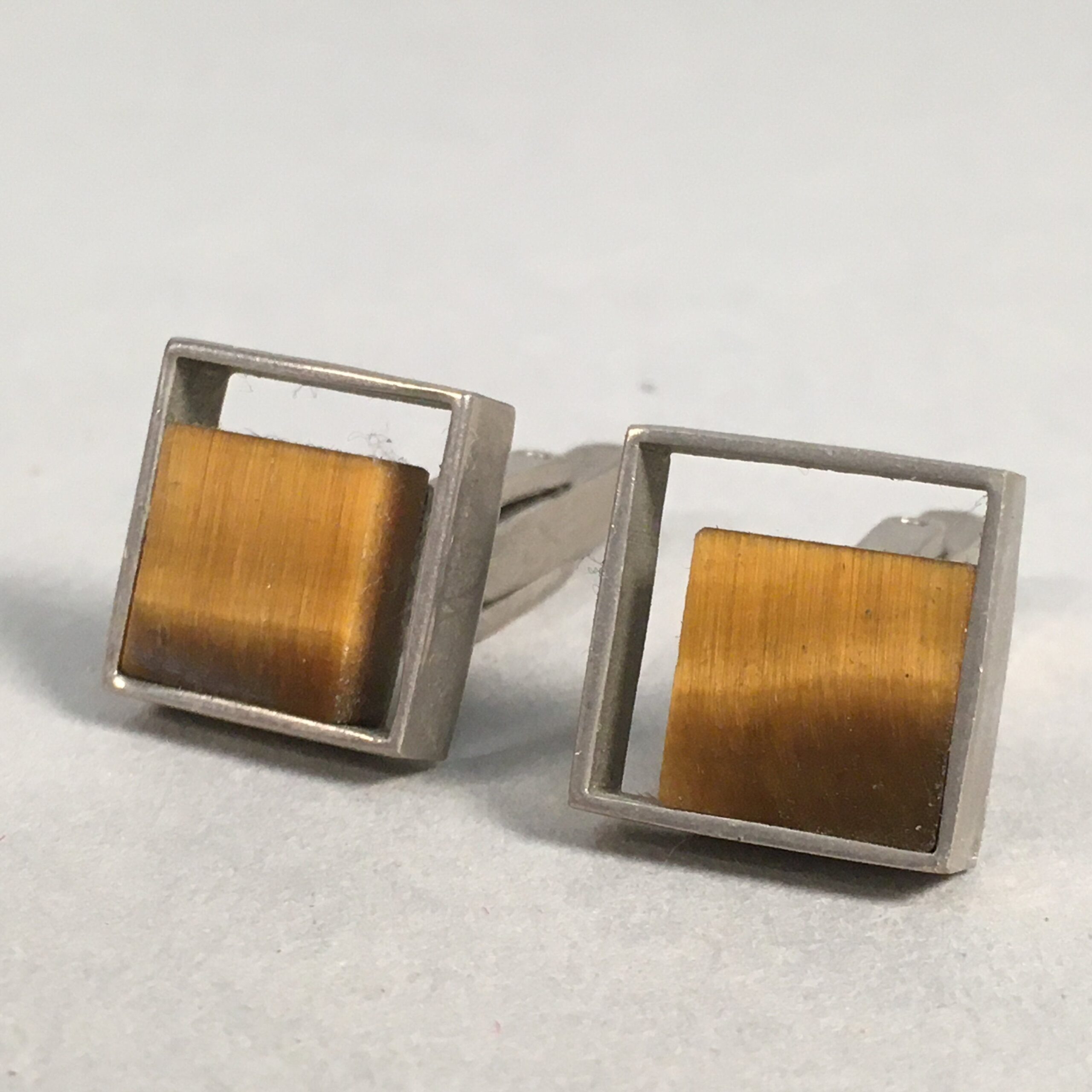 Japanese Swivel Cufflinks Pair Vtg Shirt Accessory Square Metal Silver Brown JK1