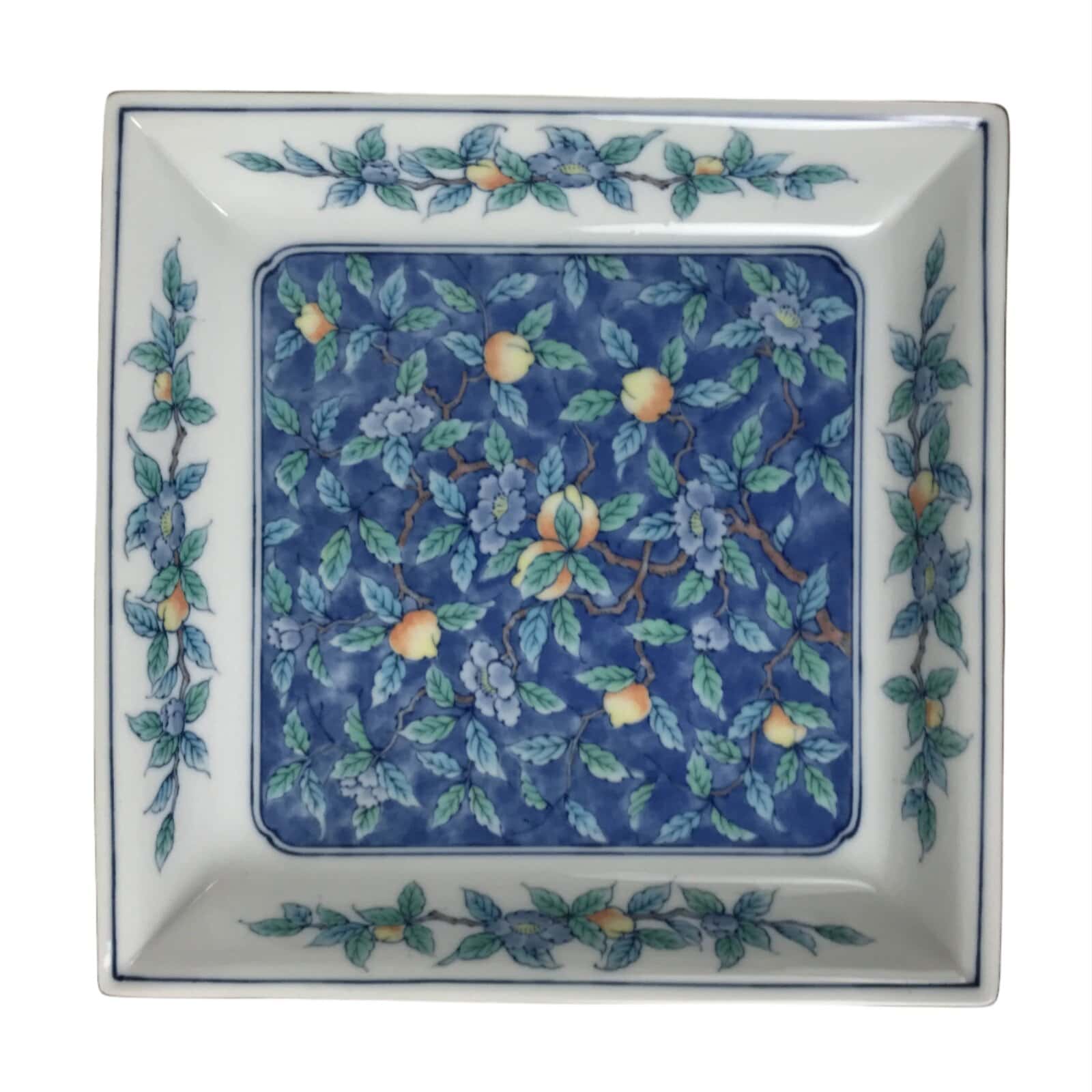 Japanese Tachikichi Ceramic Serving Dish Vtg Square Sometsuke Flower Fruit Y249