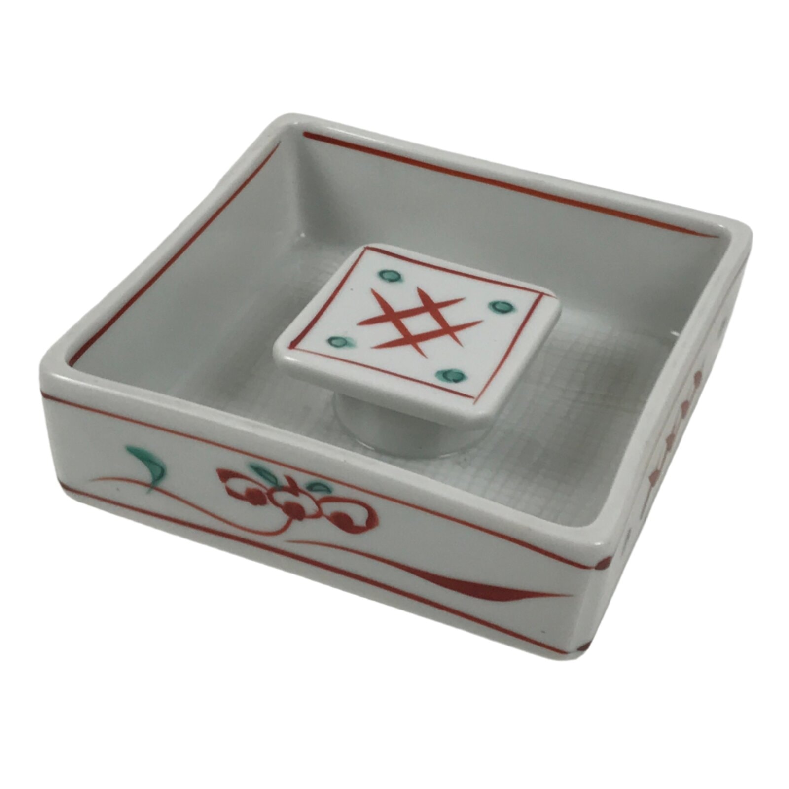 Japanese Tachikichi Porcelain Square Ashtray Vtg Haizara White Red Green Y425