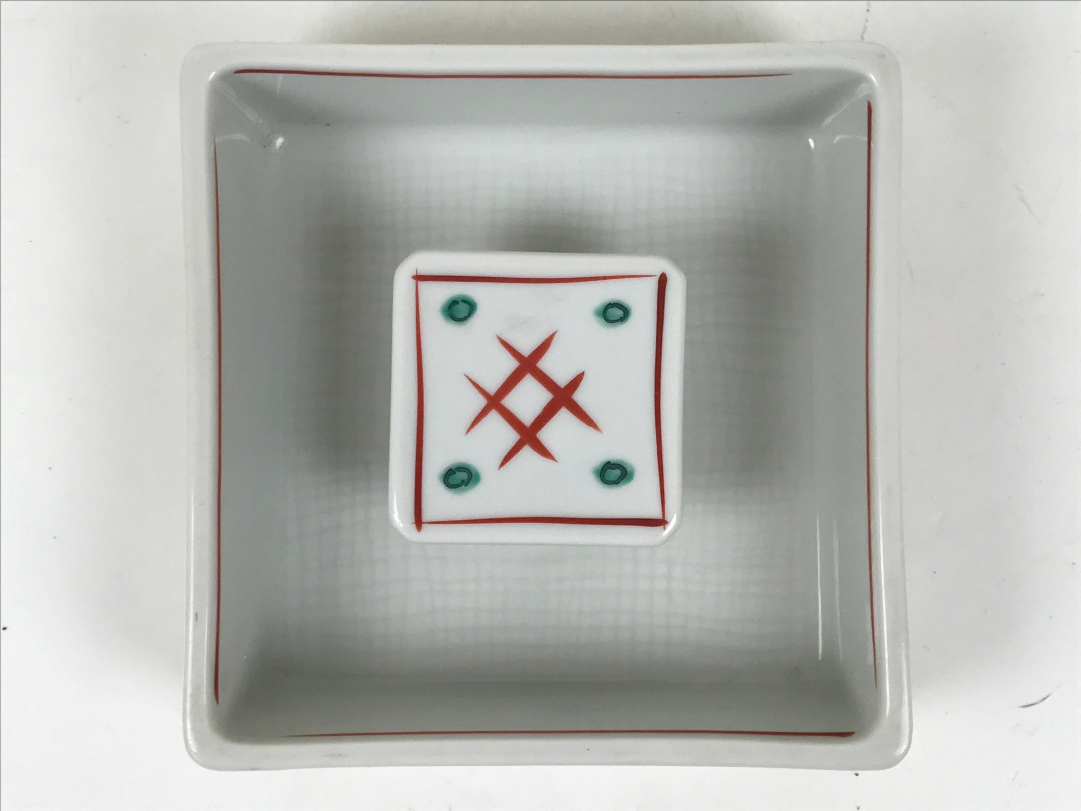 Japanese Tachikichi Porcelain Square Ashtray Vtg Haizara White Red Green Y426