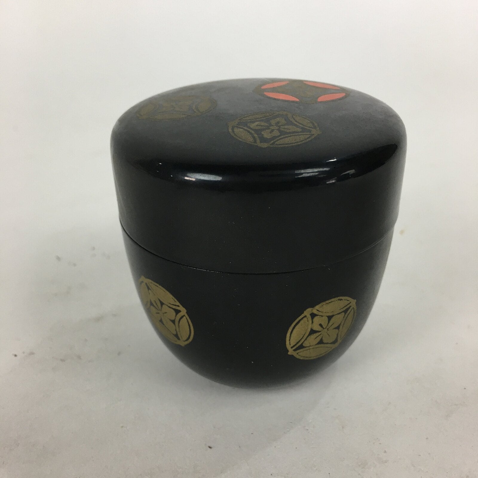 Japanese Tea Caddy Vtg Natsume Lacquerware Replica Black Crest Design NM84