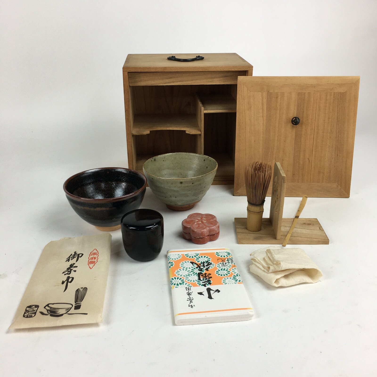 Japanese Tea Ceremony Set Chabako Wooden Box Vtg Chawan Natsume PX556