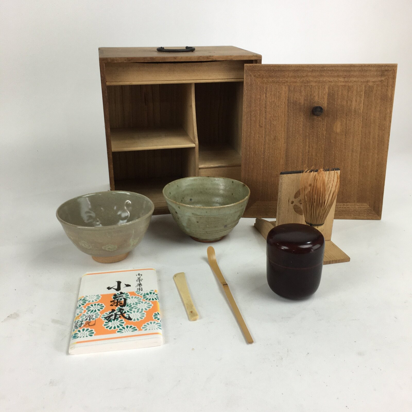 Japanese Tea Ceremony Set Chabako Wooden Box Vtg Chawan Natsume PX557
