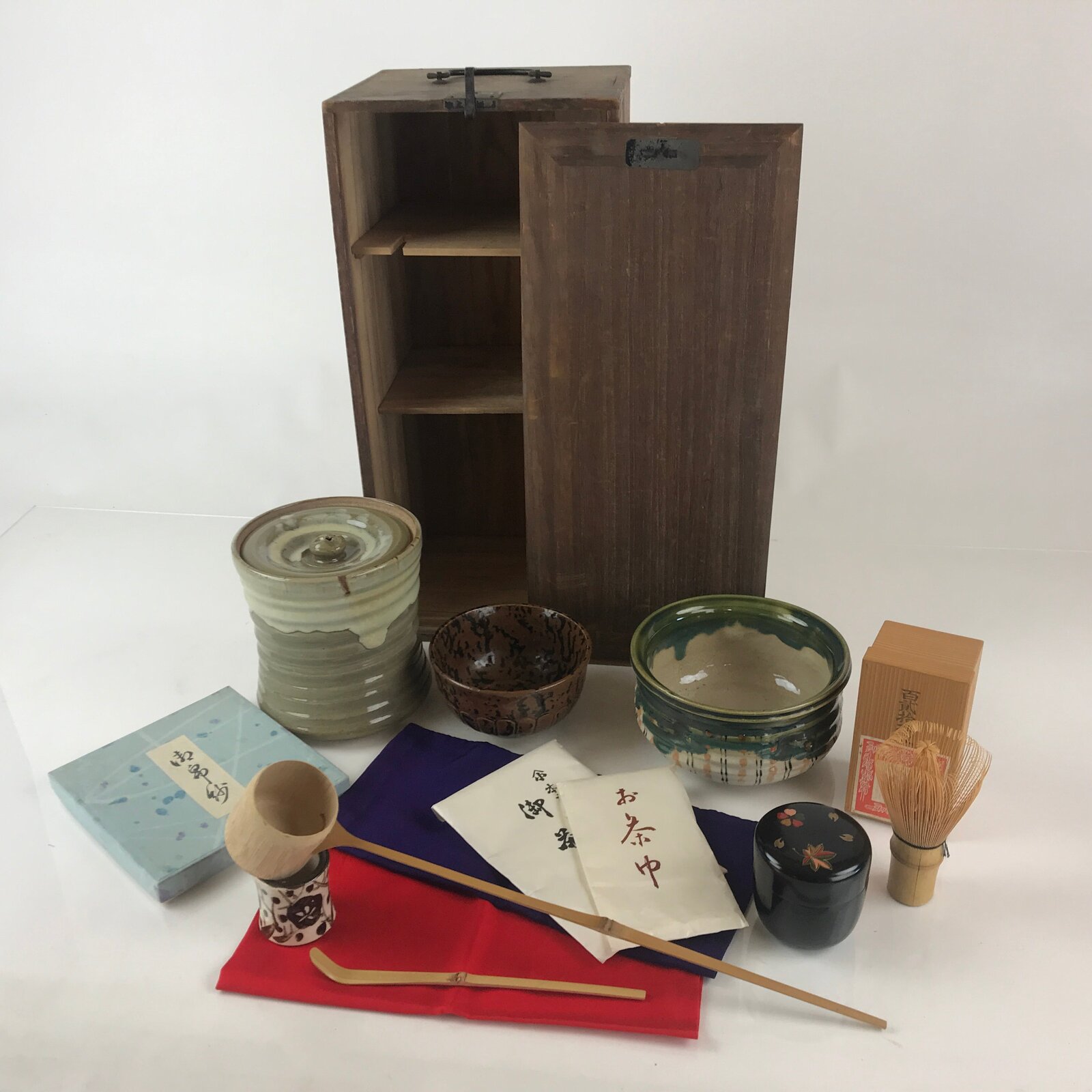 Japanese Tea Ceremony Set Chabako Wooden Box Vtg Pottery Chawan PX660
