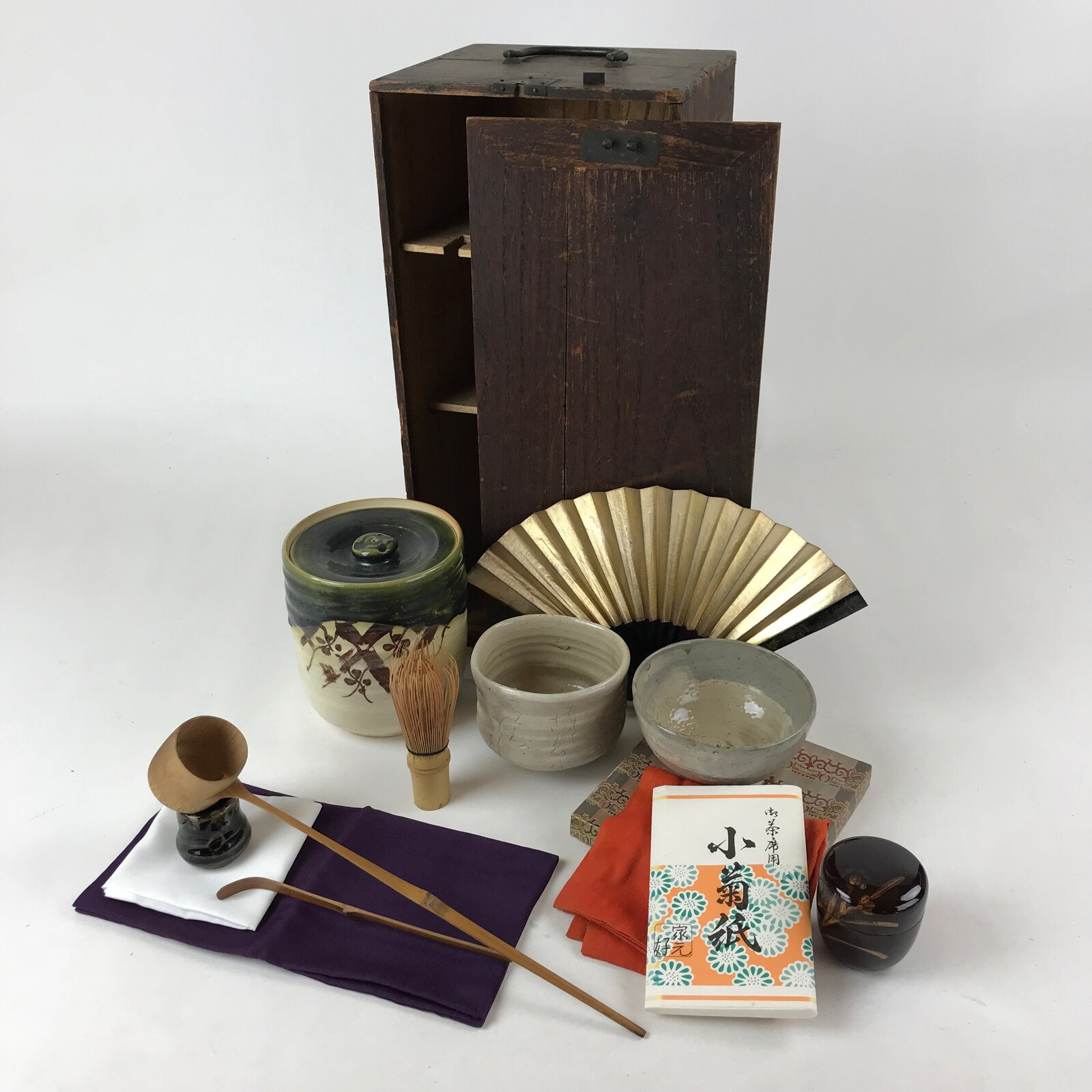 Japanese Tea Ceremony Set Chabako Wooden Box Vtg Pottery Chawan PX713