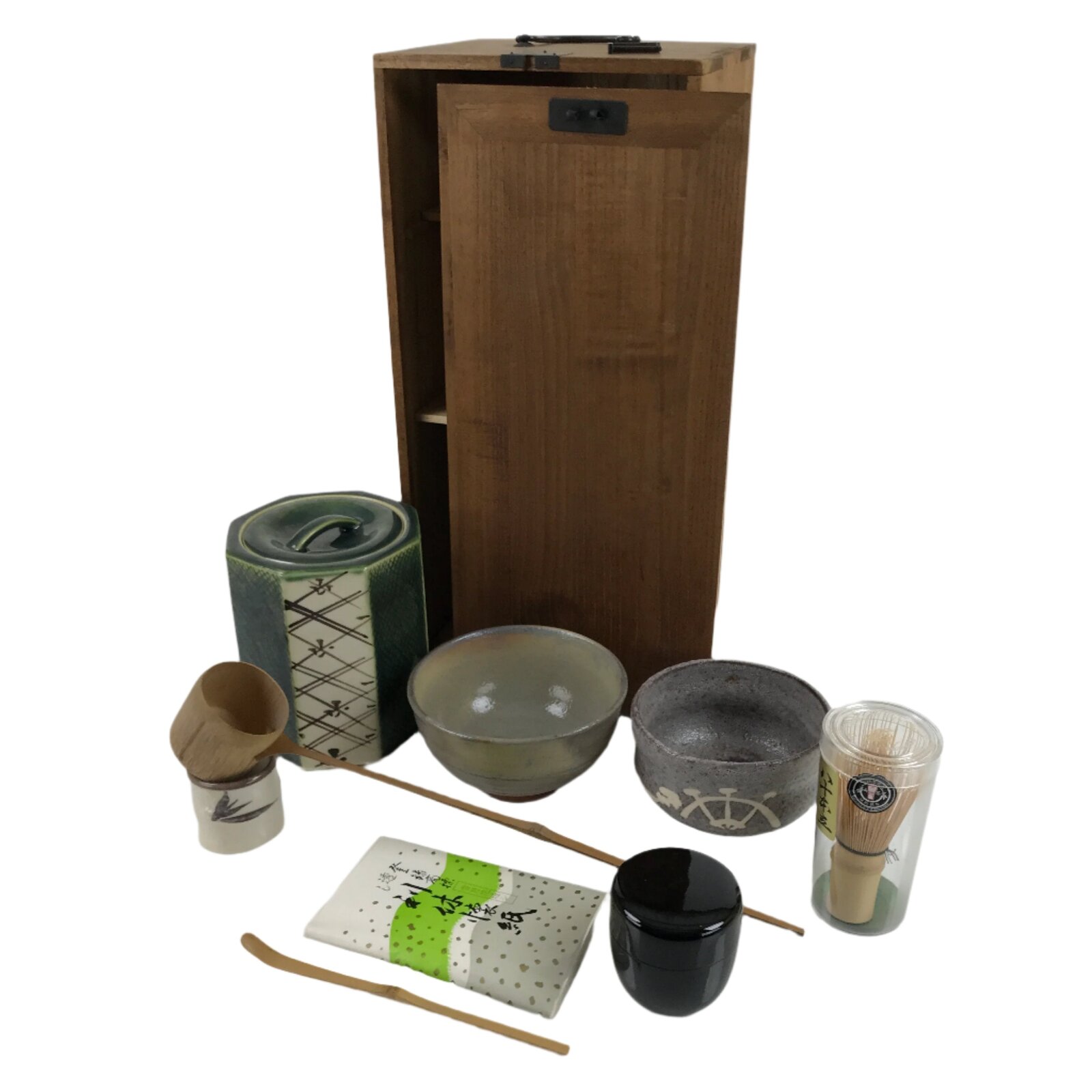 Japanese Tea Ceremony Set Chabako Wooden Box Vtg Pottery Chawan Sado PX746