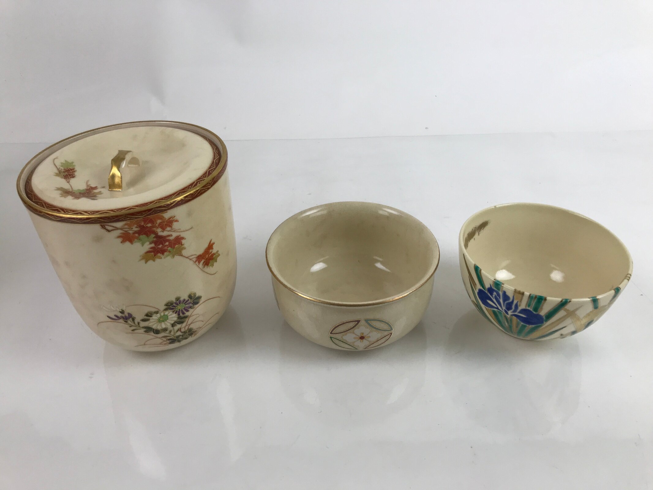 Japanese Tea Ceremony Set Chabako Wooden Box Vtg Pottery Chawan Sado PX748