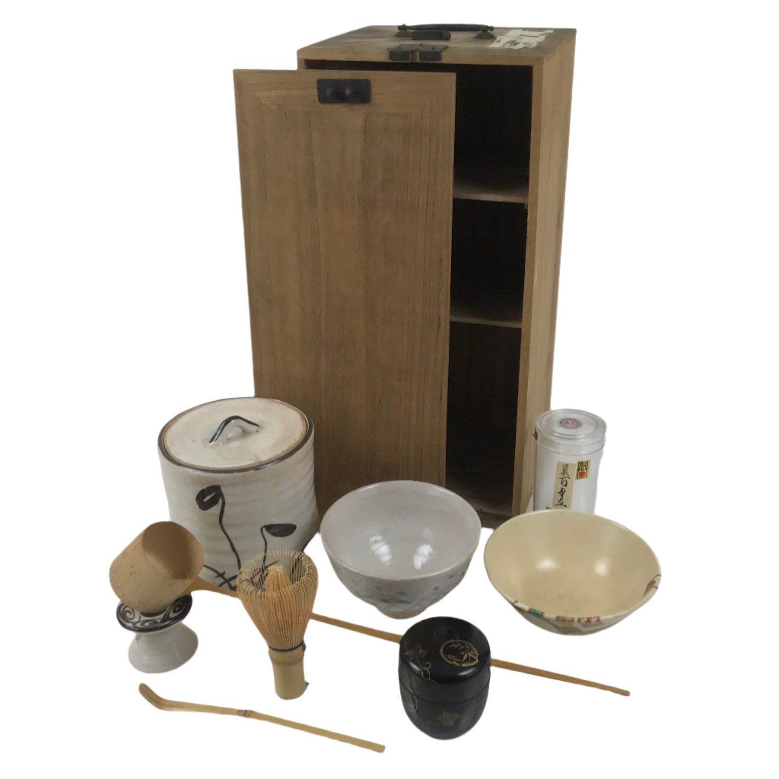 Japanese Tea Ceremony Set Chabako Wooden Box Vtg Pottery Chawan Sado PX779