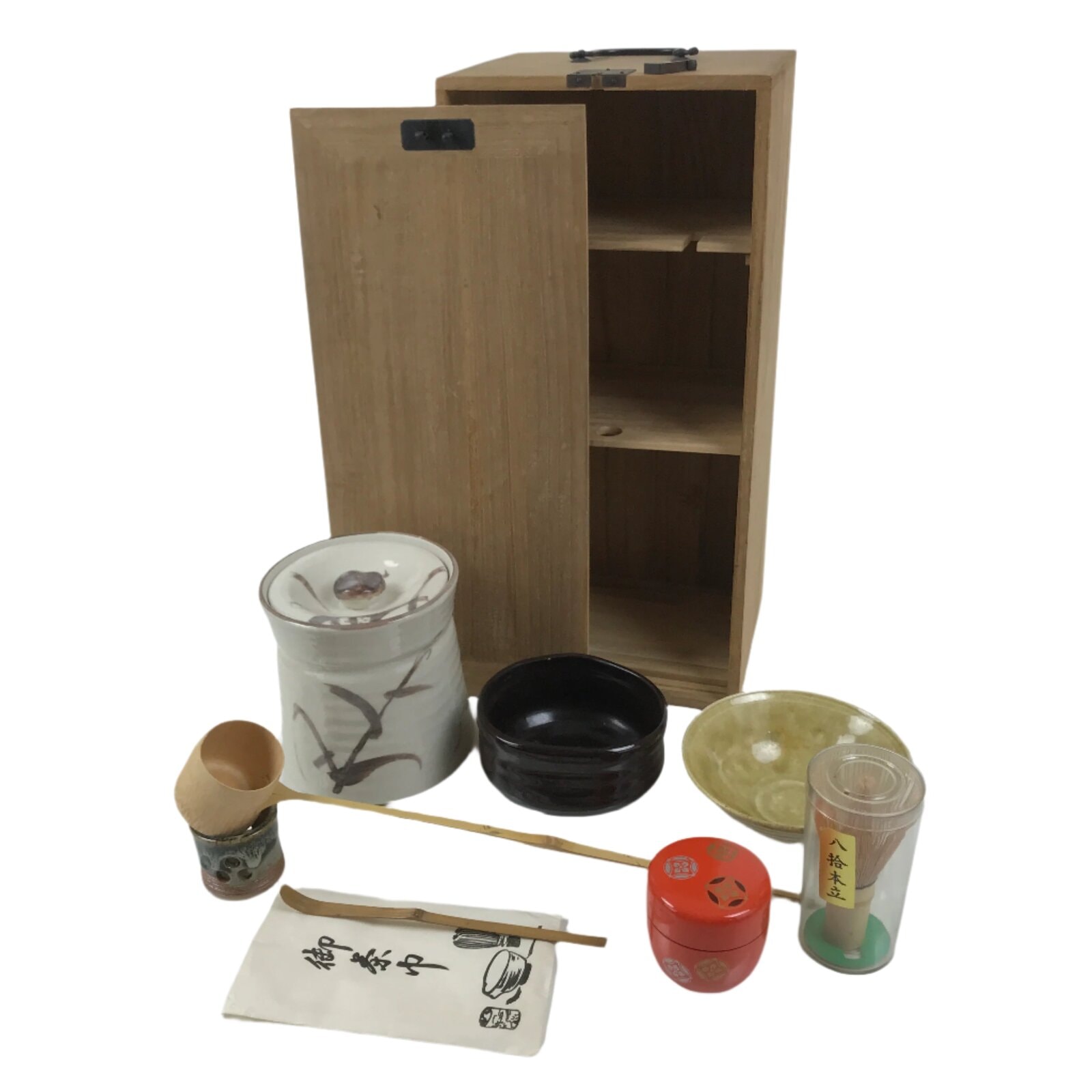 Japanese Tea Ceremony Set Chabako Wooden Box Vtg Pottery Chawan Sado PX782