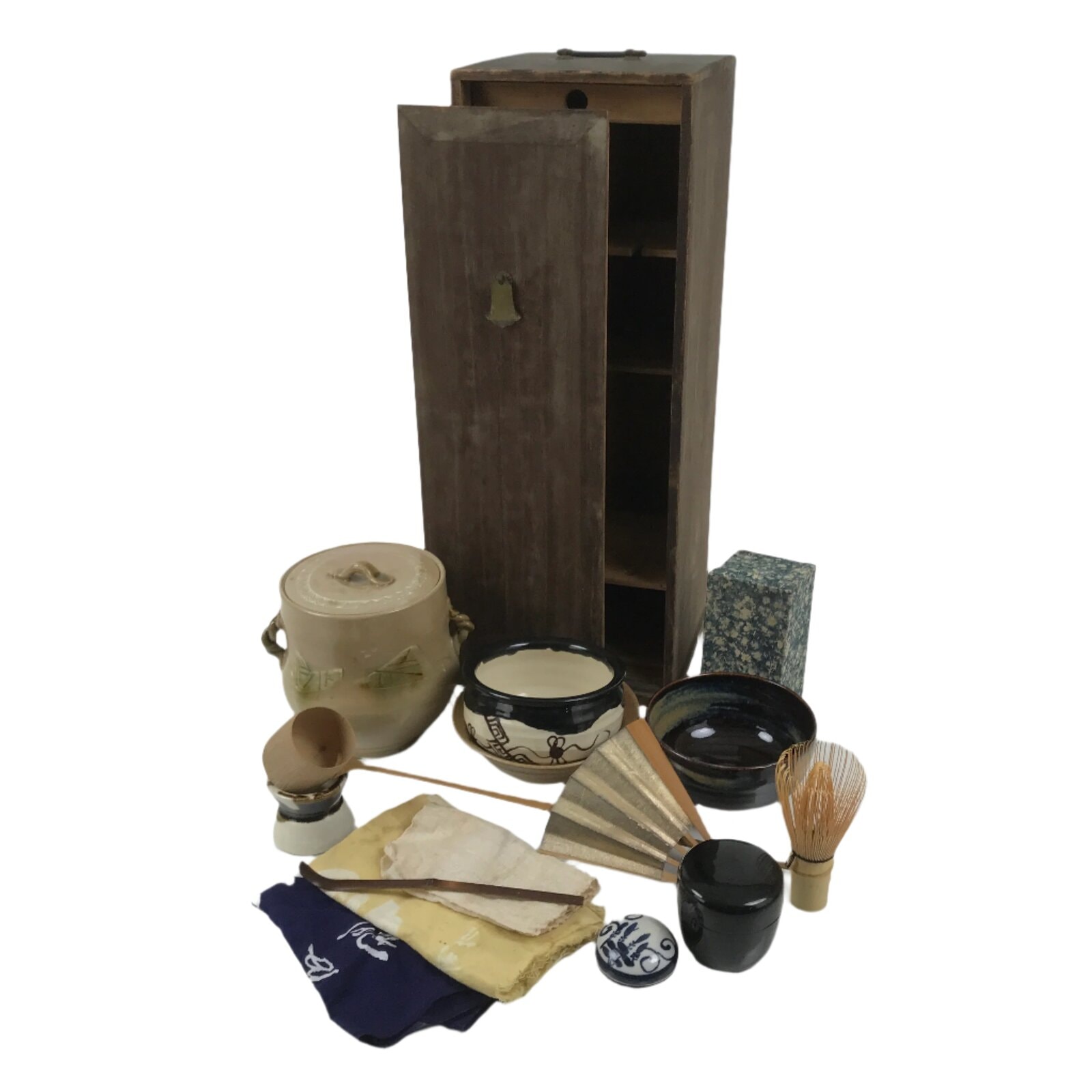 Japanese Tea Ceremony Set Chabako Wooden Box Vtg Pottery Chawan Sado PX783