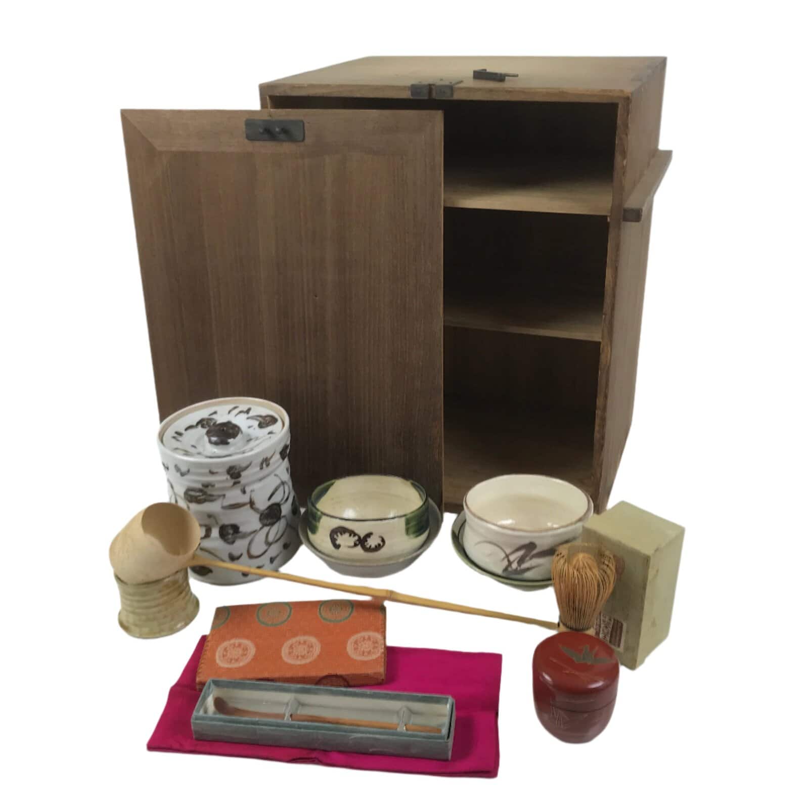 Japanese Tea Ceremony Set Chabako Wooden Box Vtg Pottery Chawan Sado PX785
