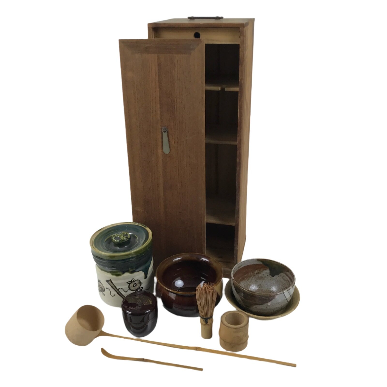 Japanese Tea Ceremony Set Chabako Wooden Box Vtg Pottery Chawan Sado PX788