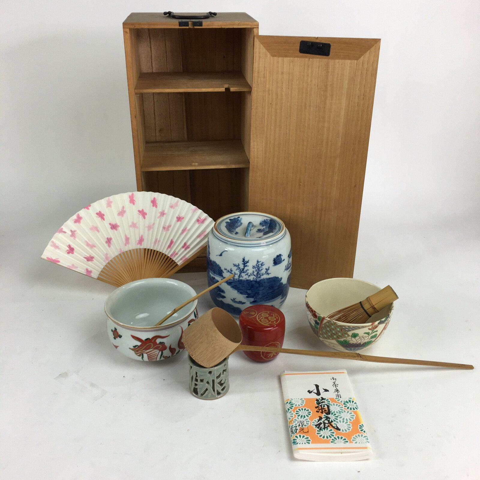 Japanese Tea Ceremony Set Chabako Wooden Box Vtg Pottery Chawan Sensu PX560