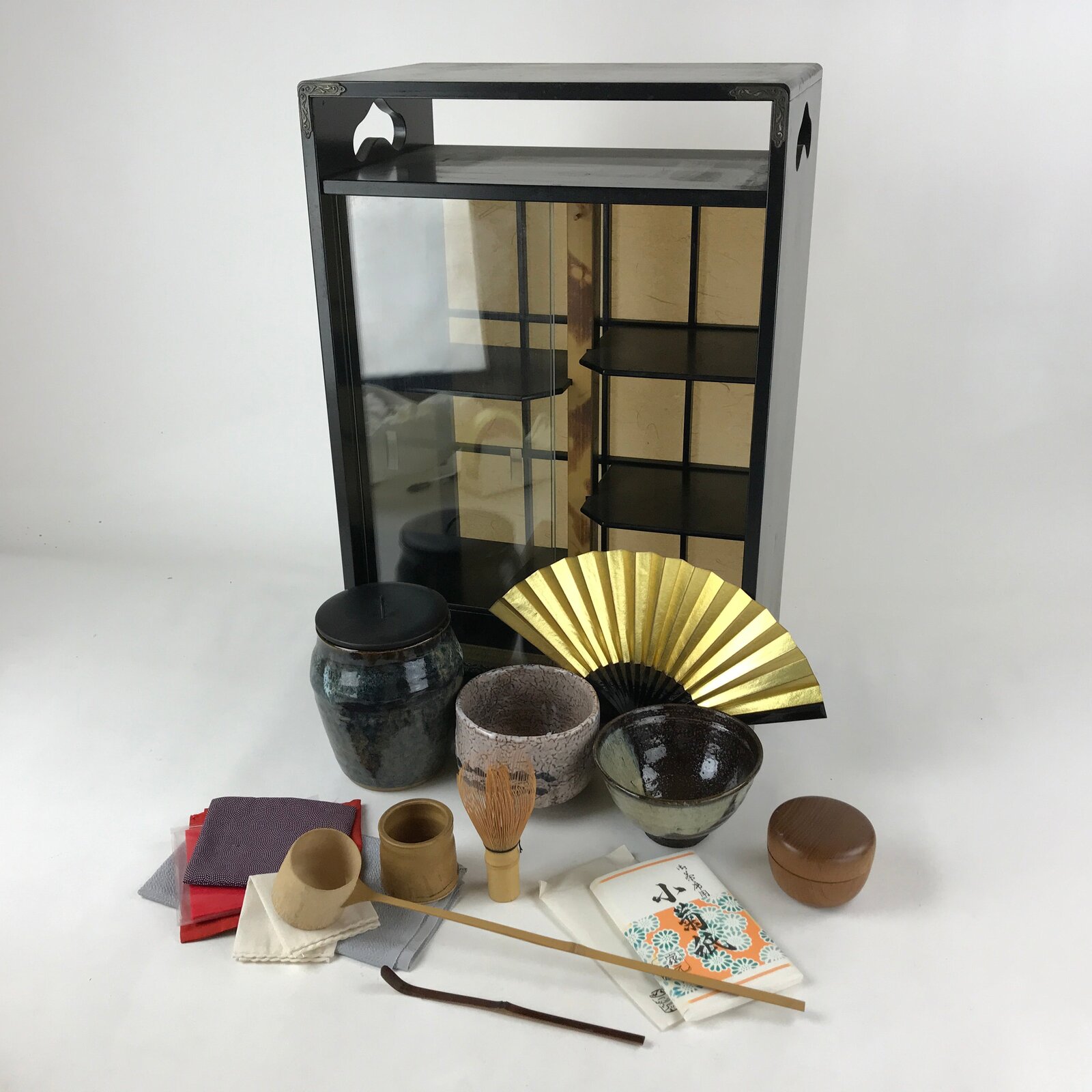 Japanese Tea Ceremony Set Chabako Wooden Glass Display Vtg Pottery Chawan PX717