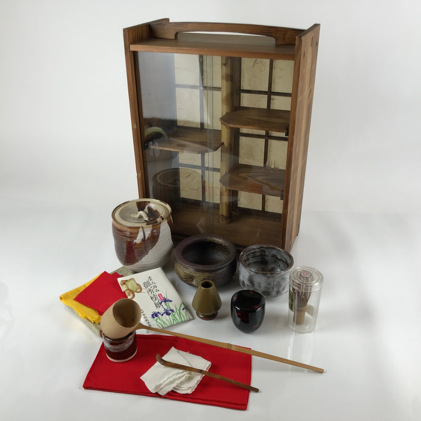 Japanese Tea Ceremony Set Chabako Wooden Glass Display Vtg Pottery Chawan PX721