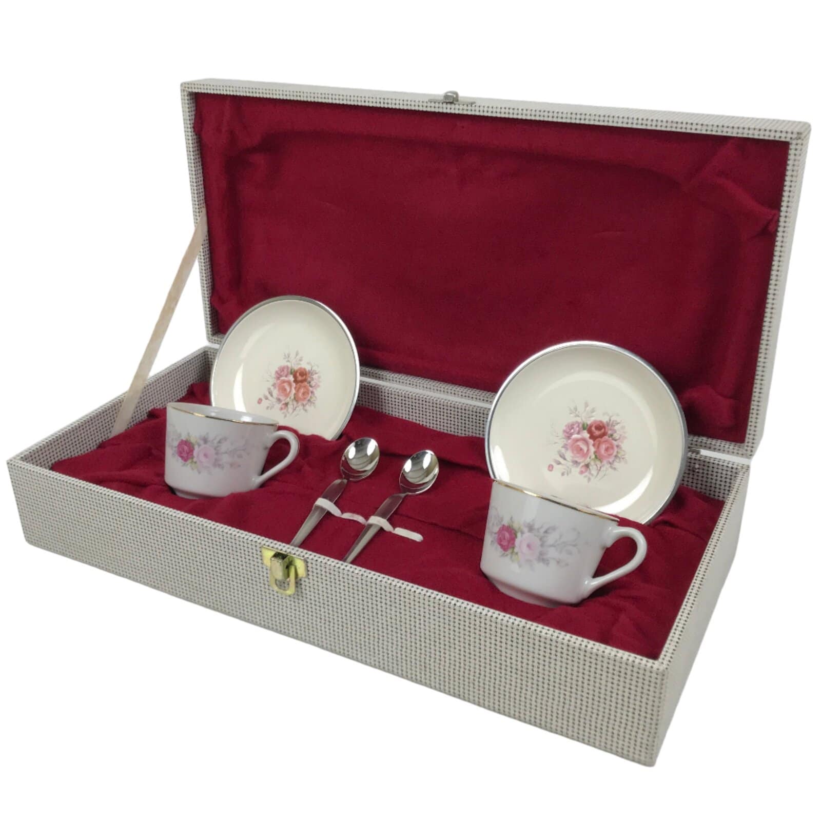 Japanese Tea Set Porcelain Metal White Floral Cup Saucer Spoon Wooden Box JK927