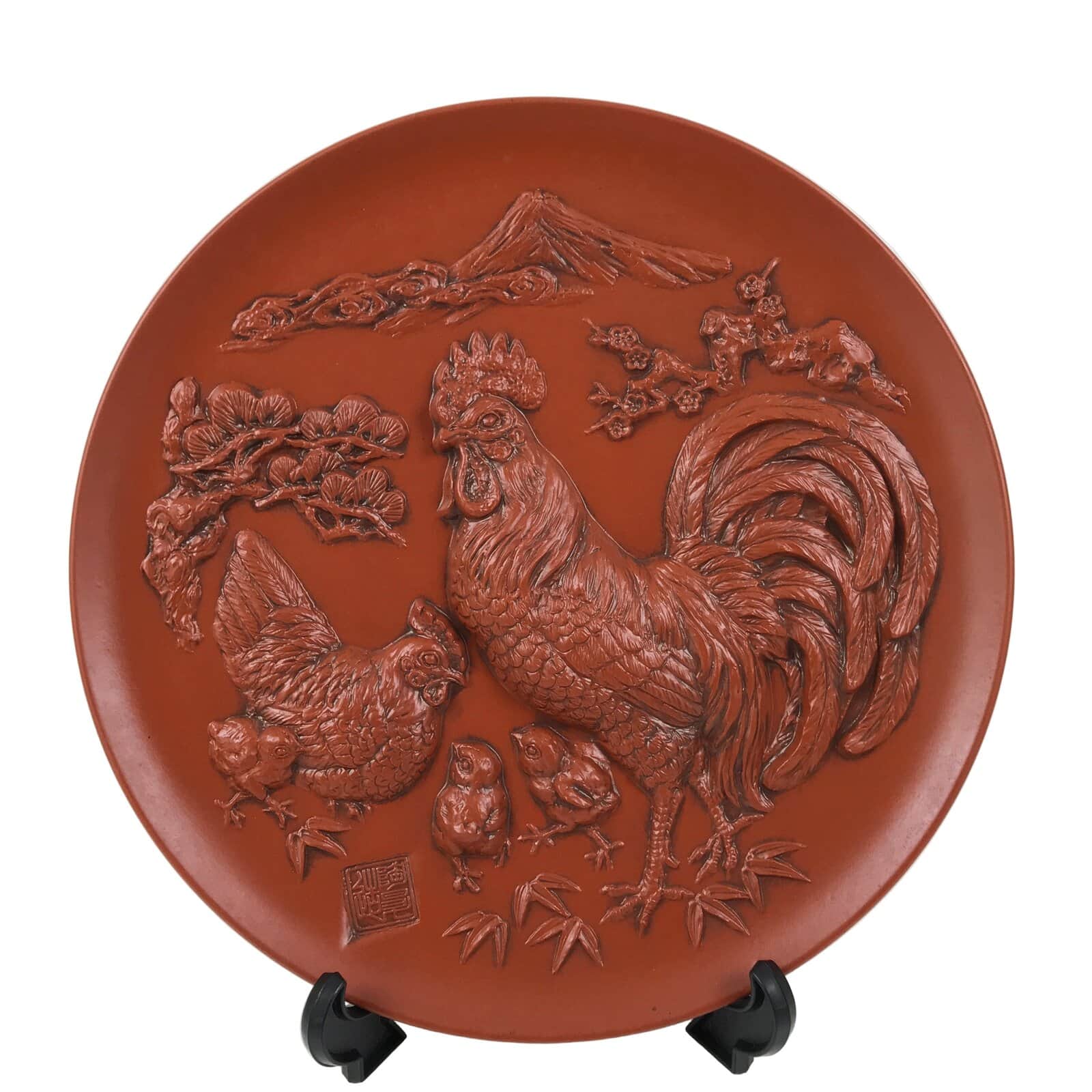 Japanese Tokoname Ware Ceramic Decorative Plate Brown Zodiac Chicken Lucky PX799