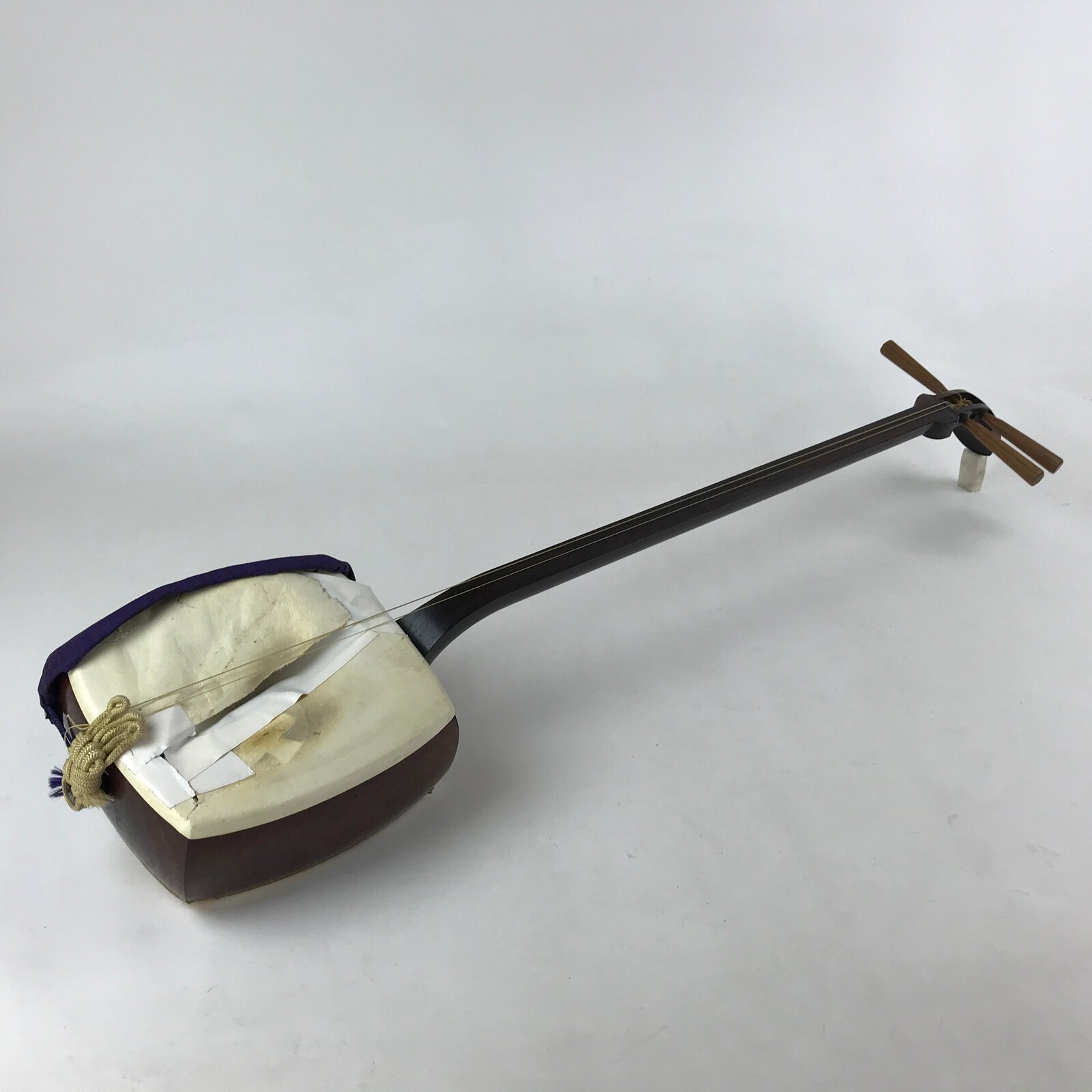 Japanese Traditional Shamisen Vtg Wood Instrument Fabric Purple Dark Brown JK578