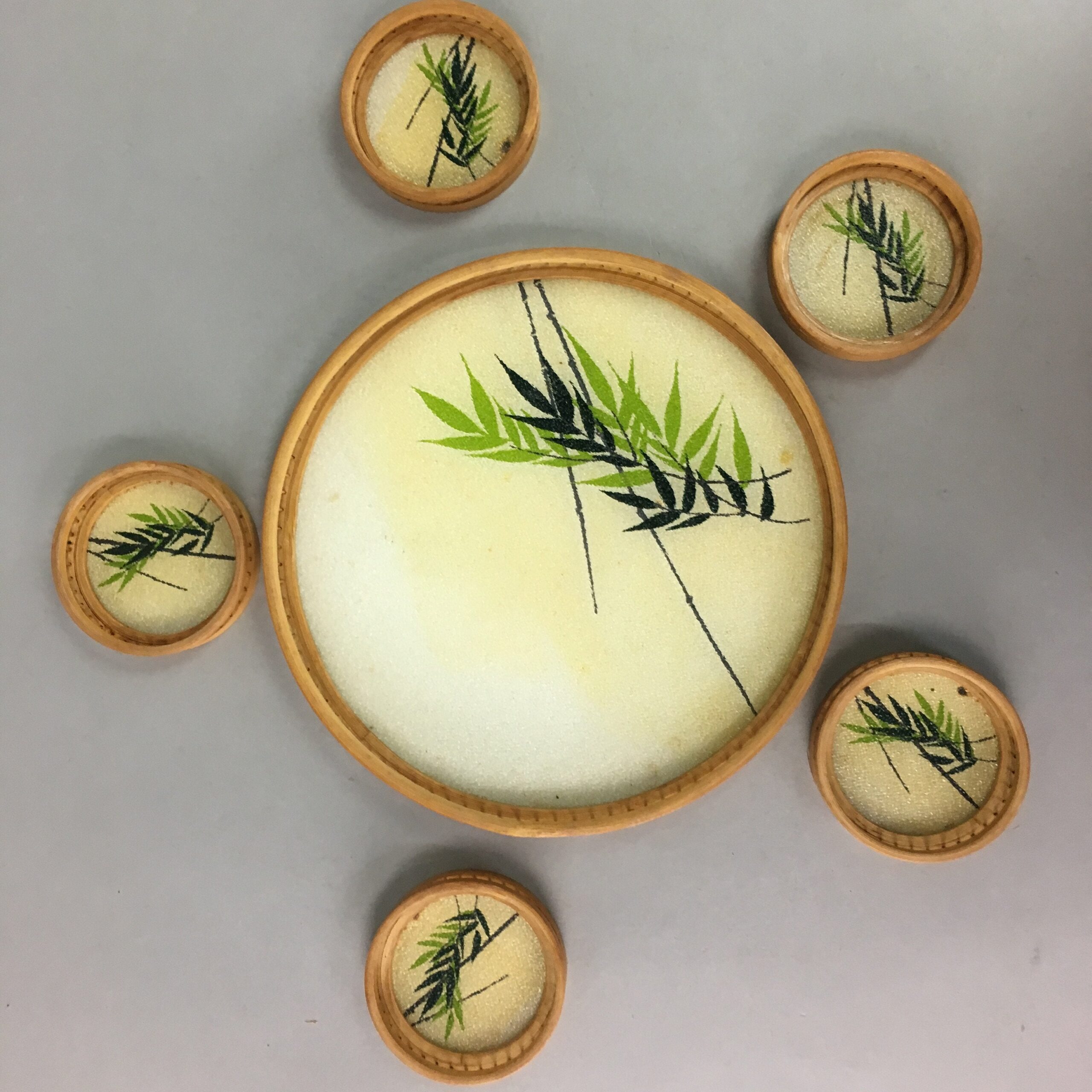 Japanese Tray Coaster Set Vtg Obon Saucer Plate Bamboo Glass Round UR301