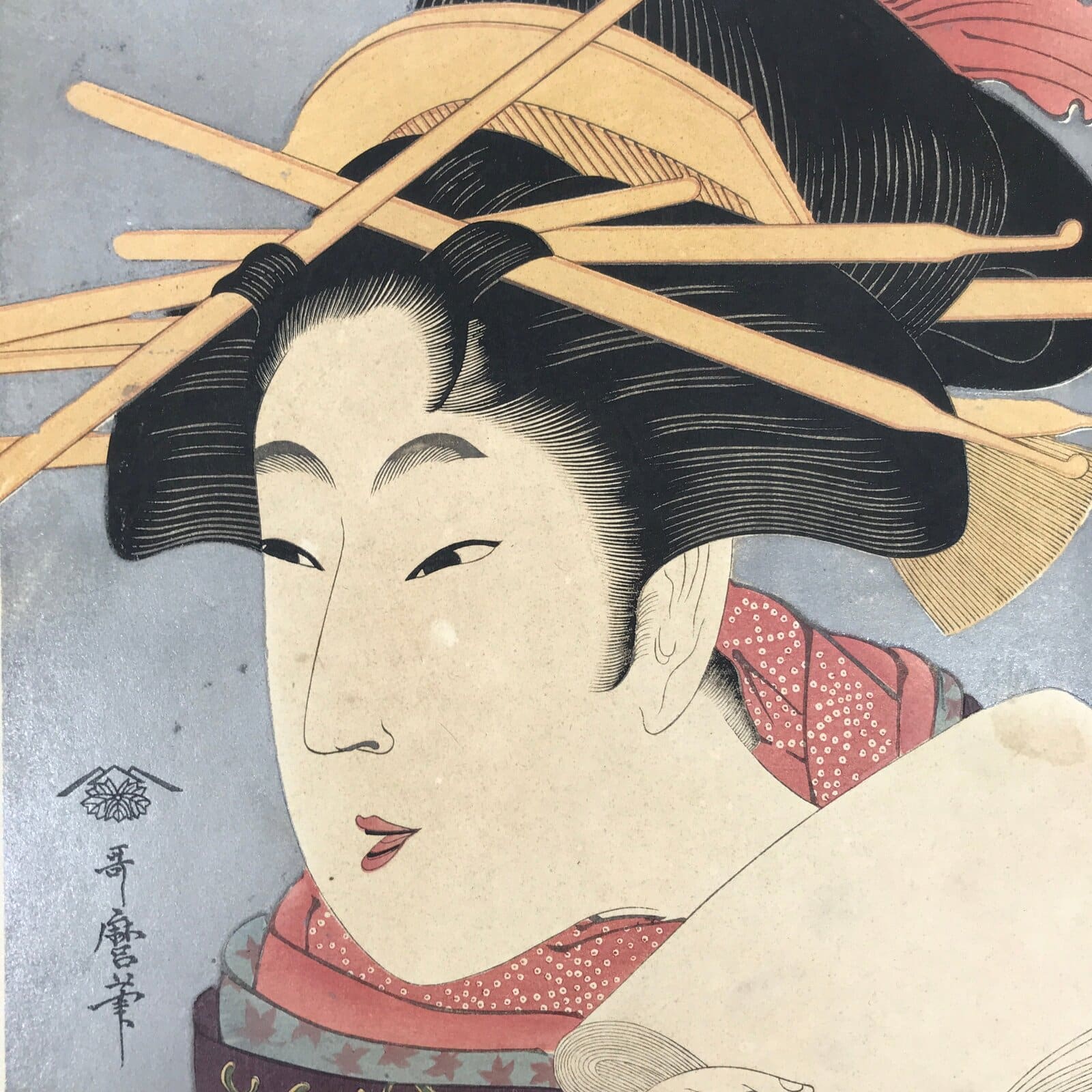 Japanese Ukiyoe Woman Kaishi Tea Ceremony Utamaro Bijinga Woodblock Print FL462