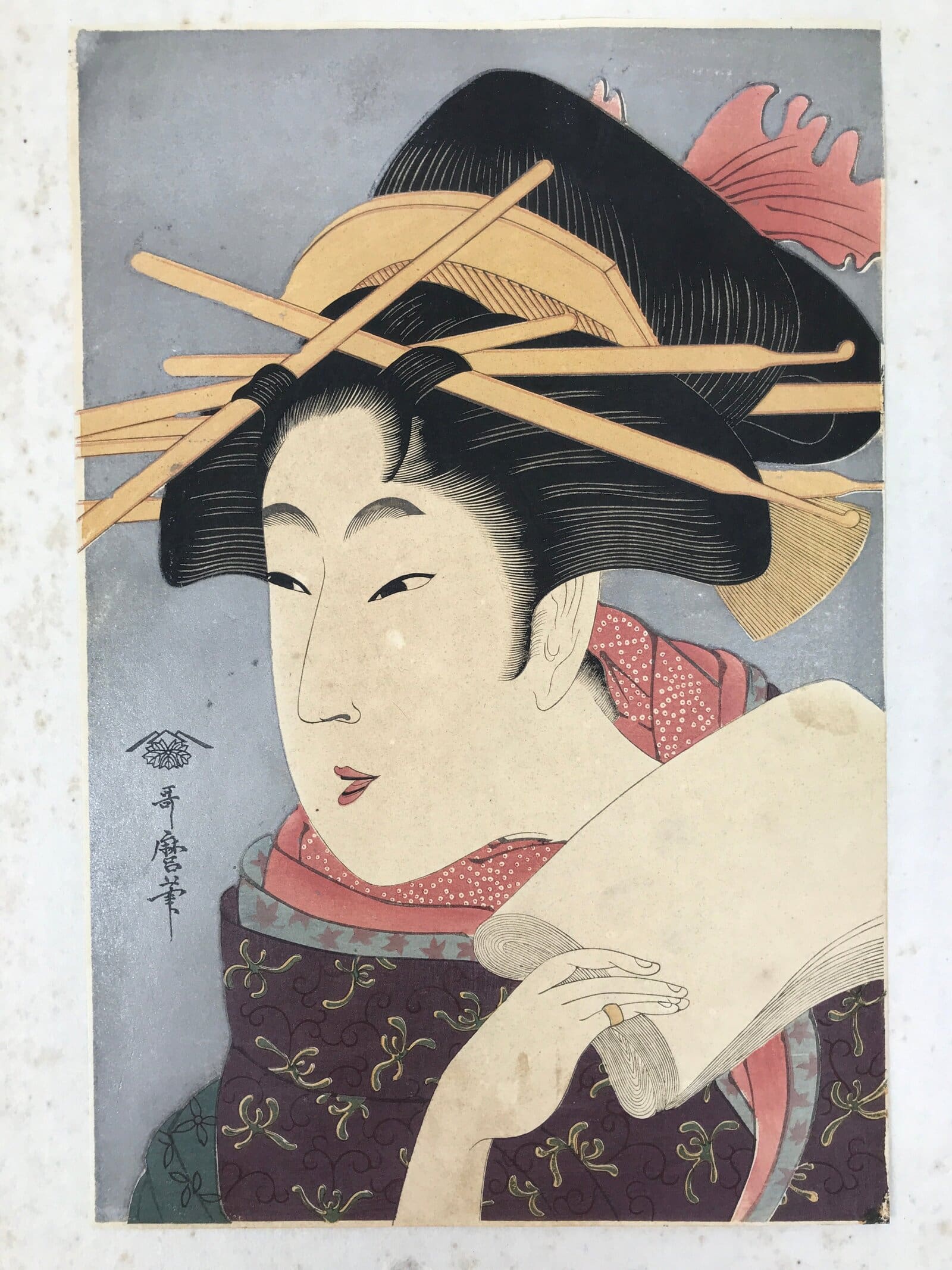 Japanese Ukiyoe Woman Kaishi Tea Ceremony Utamaro Bijinga Woodblock Print FL462