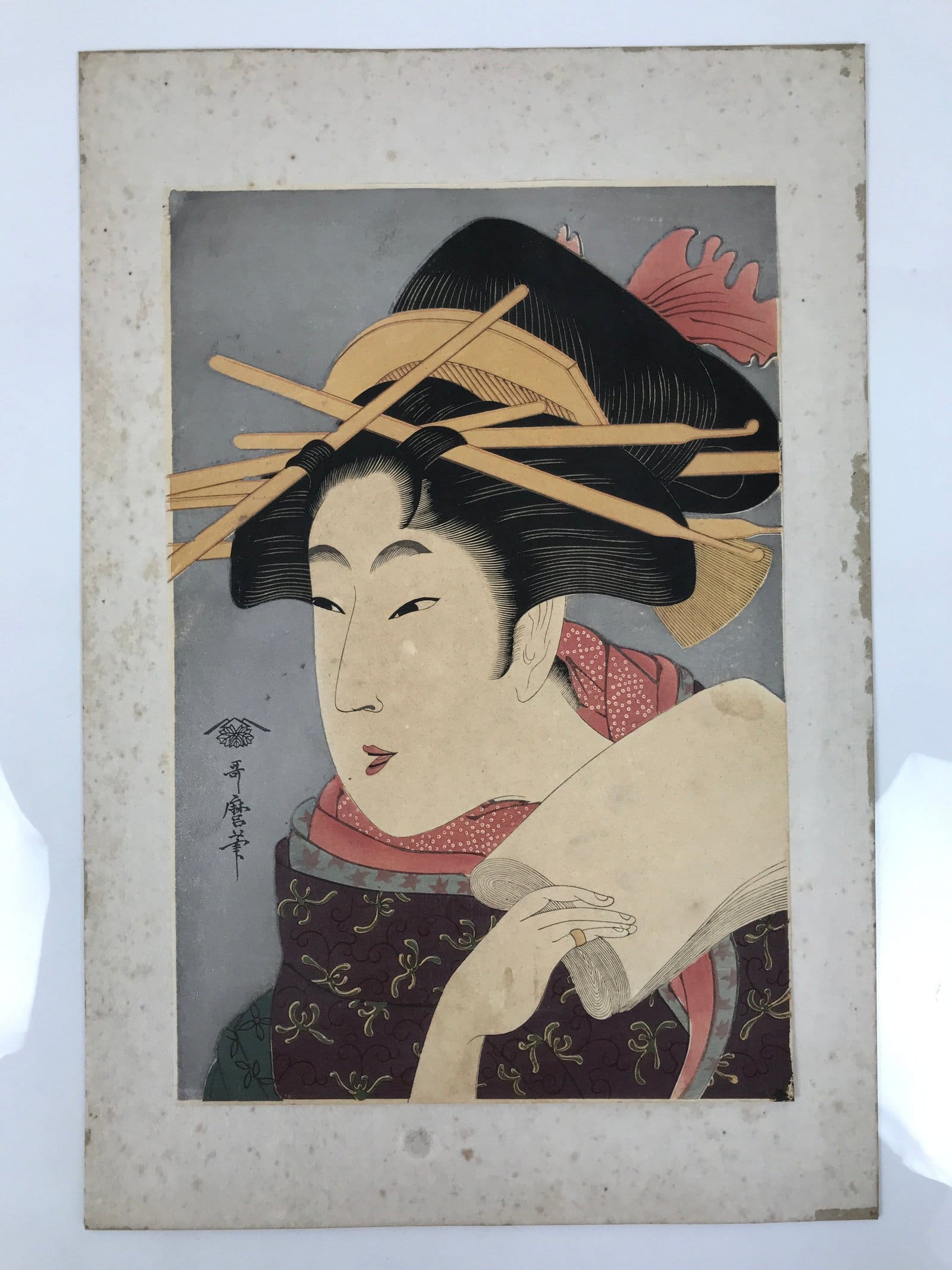 Japanese Ukiyoe Woman Kaishi Tea Ceremony Utamaro Bijinga Woodblock Print FL462