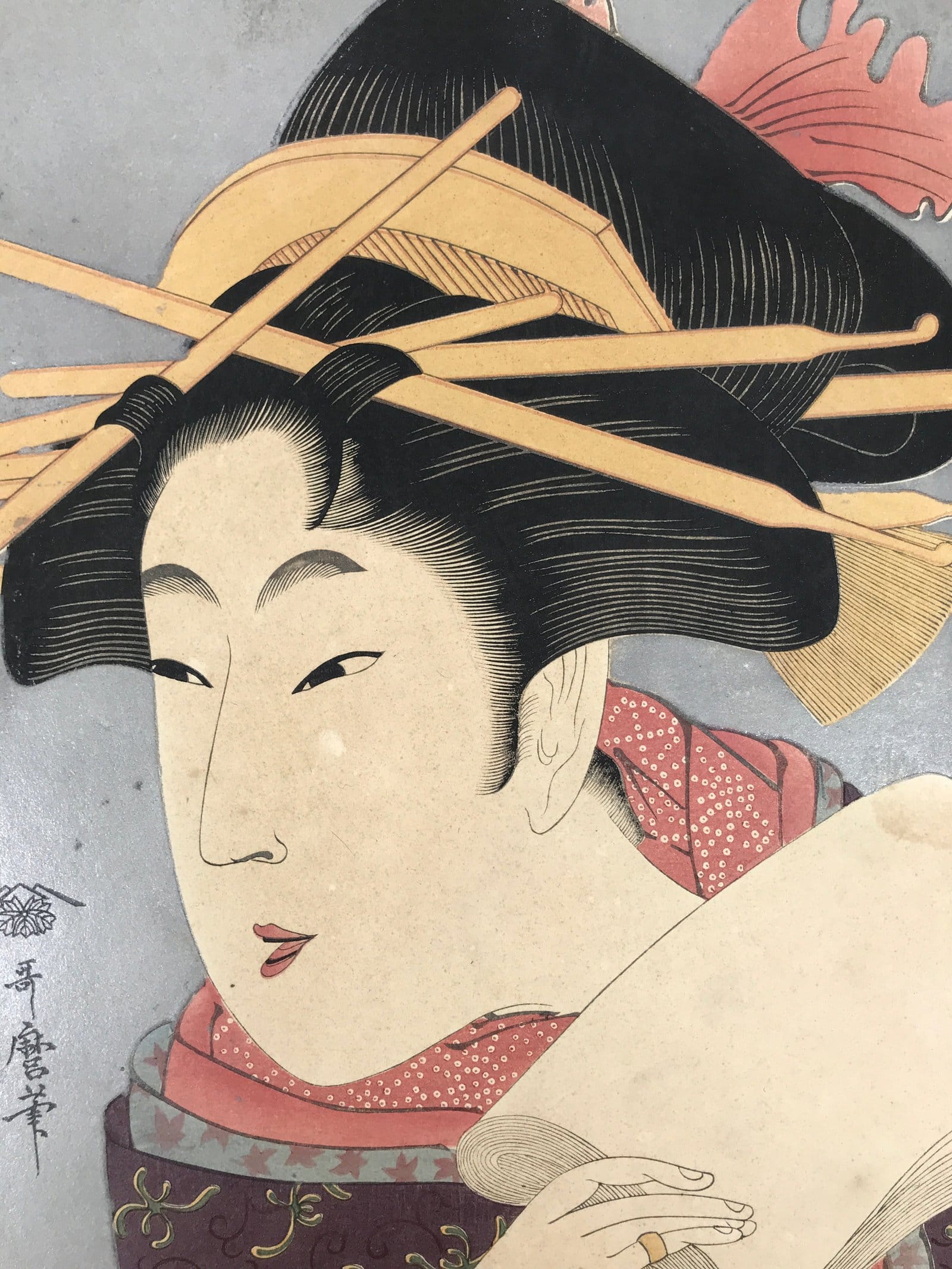 Japanese Ukiyoe Woman Kaishi Tea Ceremony Utamaro Bijinga Woodblock Print FL462
