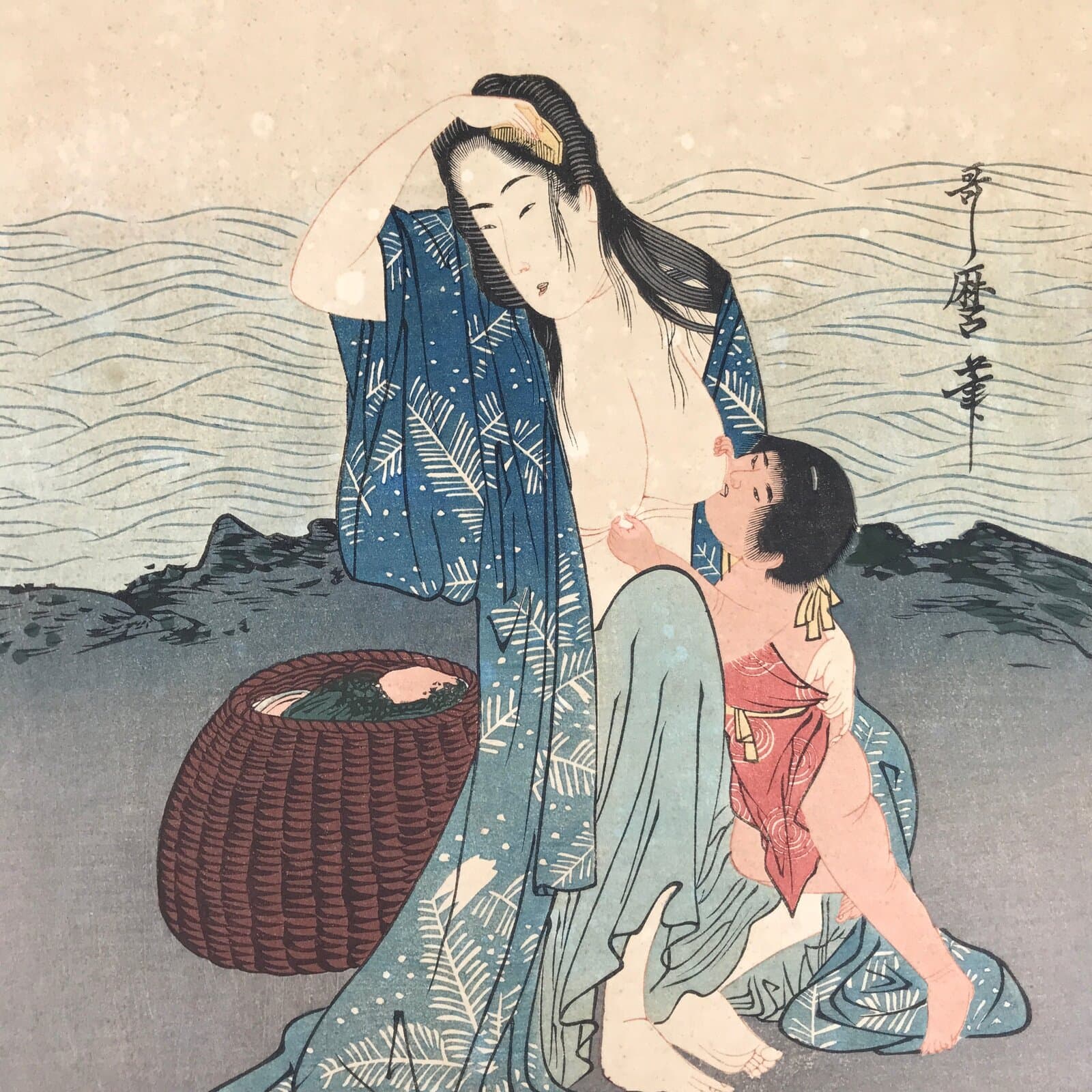 Japanese Ukiyoe Woman Nursing Abalone Utamaro Bijinga Woodblock Print FL467