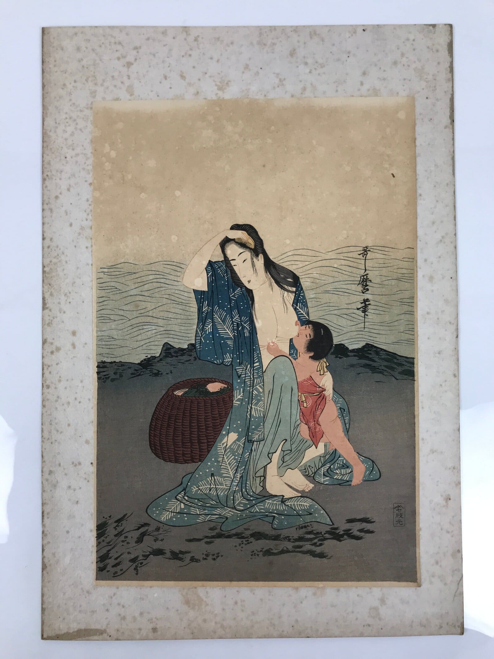 Japanese Ukiyoe Woman Nursing Abalone Utamaro Bijinga Woodblock Print FL467