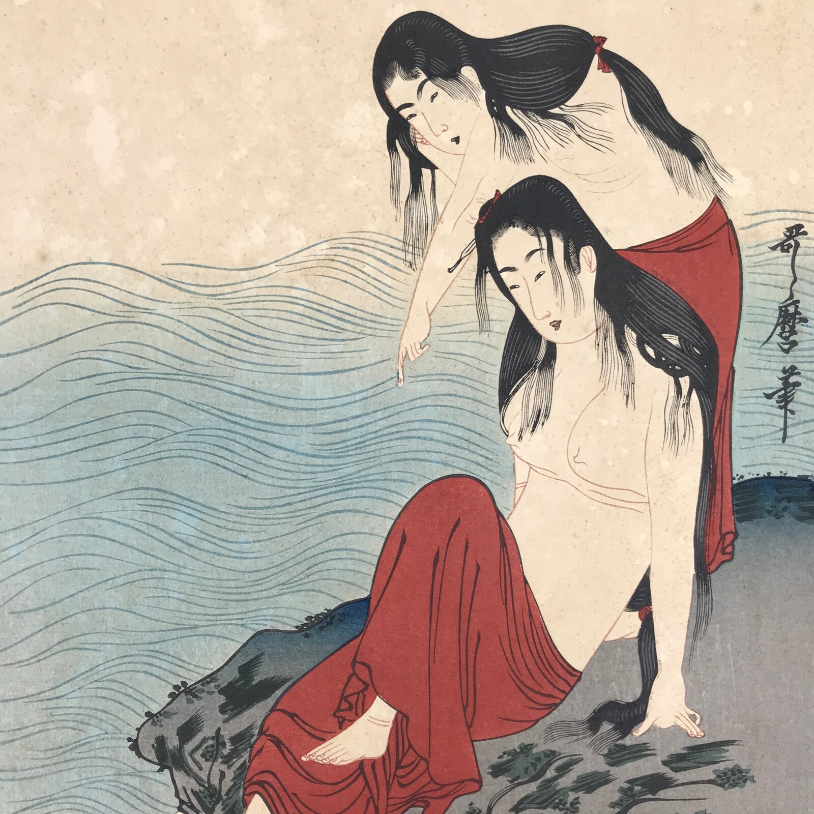 Japanese Ukiyoe Women Abalone Shelling Utamaro Bijinga Woodblock Print FL455