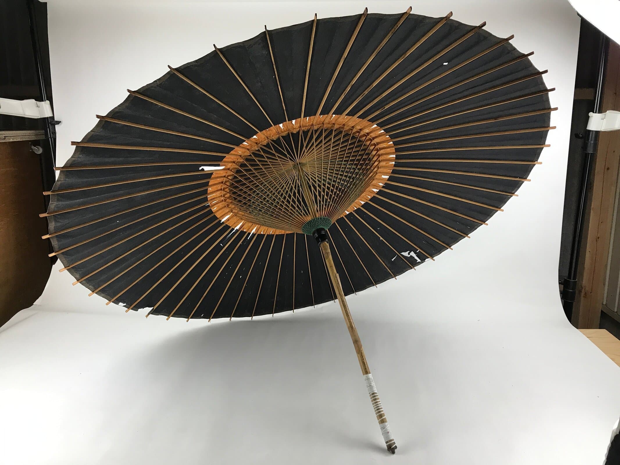 Japanese Umbrella Parasol Wagasa Vtg Paper Bangasa Geisha Black Brown JK629