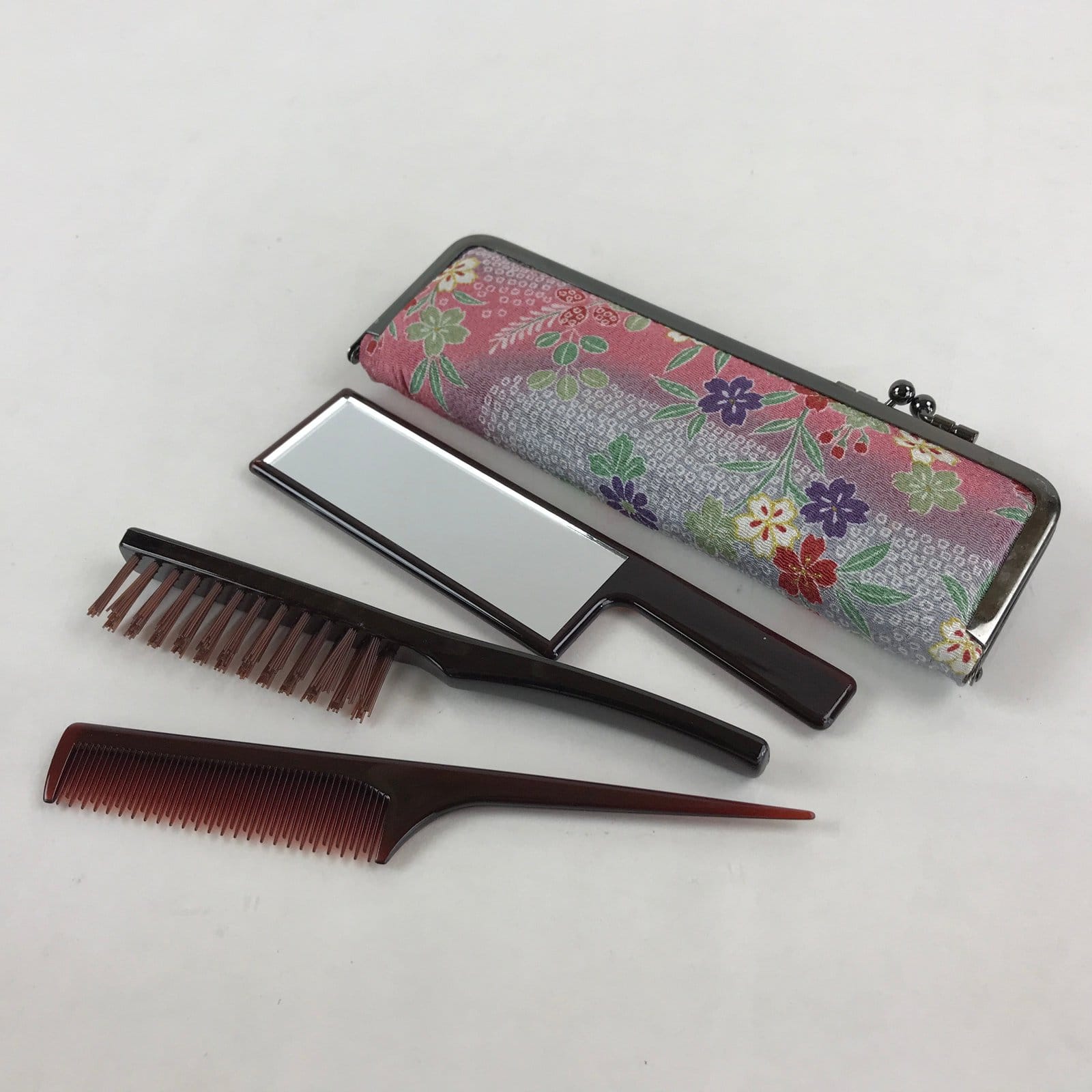 Japanese Vanity Case Comb Hairbrush And Mirror Set Vtg Bag with Clasp KB59