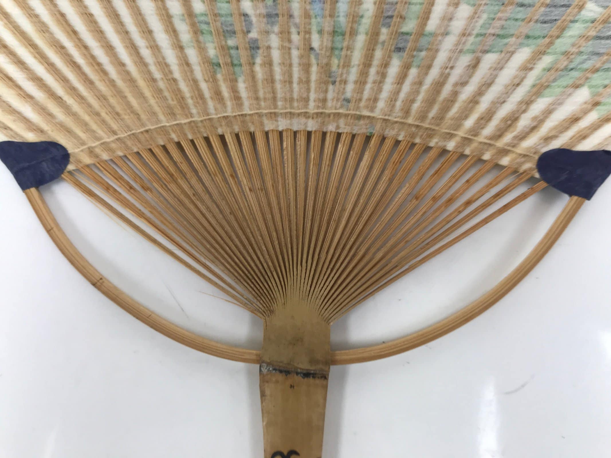 Japanese Washi Paper Fan Uchiwa Bamboo Frame Vtg Red Blue Flowers Karakusa U187