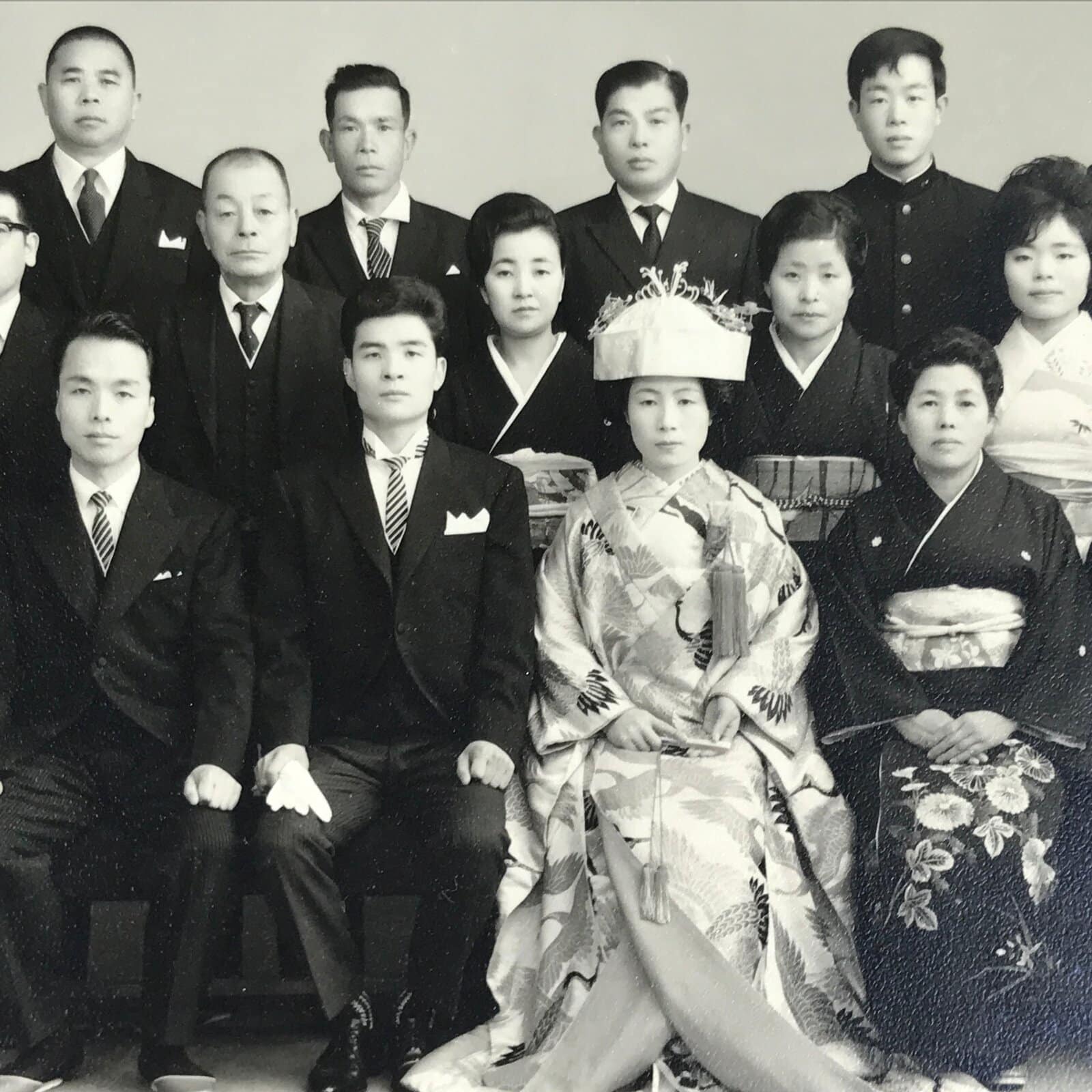 Japanese Wedding Photograph Vtg Kimono Bride Groom Family Showa Black White PH10