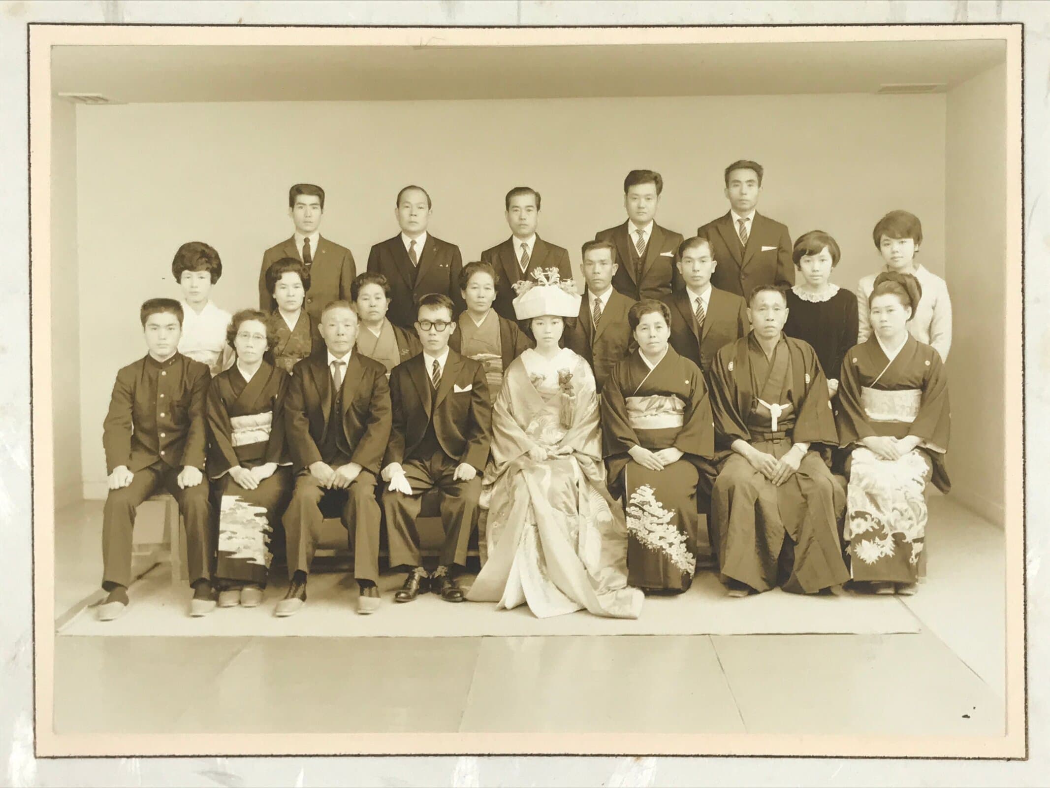 Japanese Wedding Photograph Vtg Kimono Bride Groom Family Showa Sepia Tone PH12