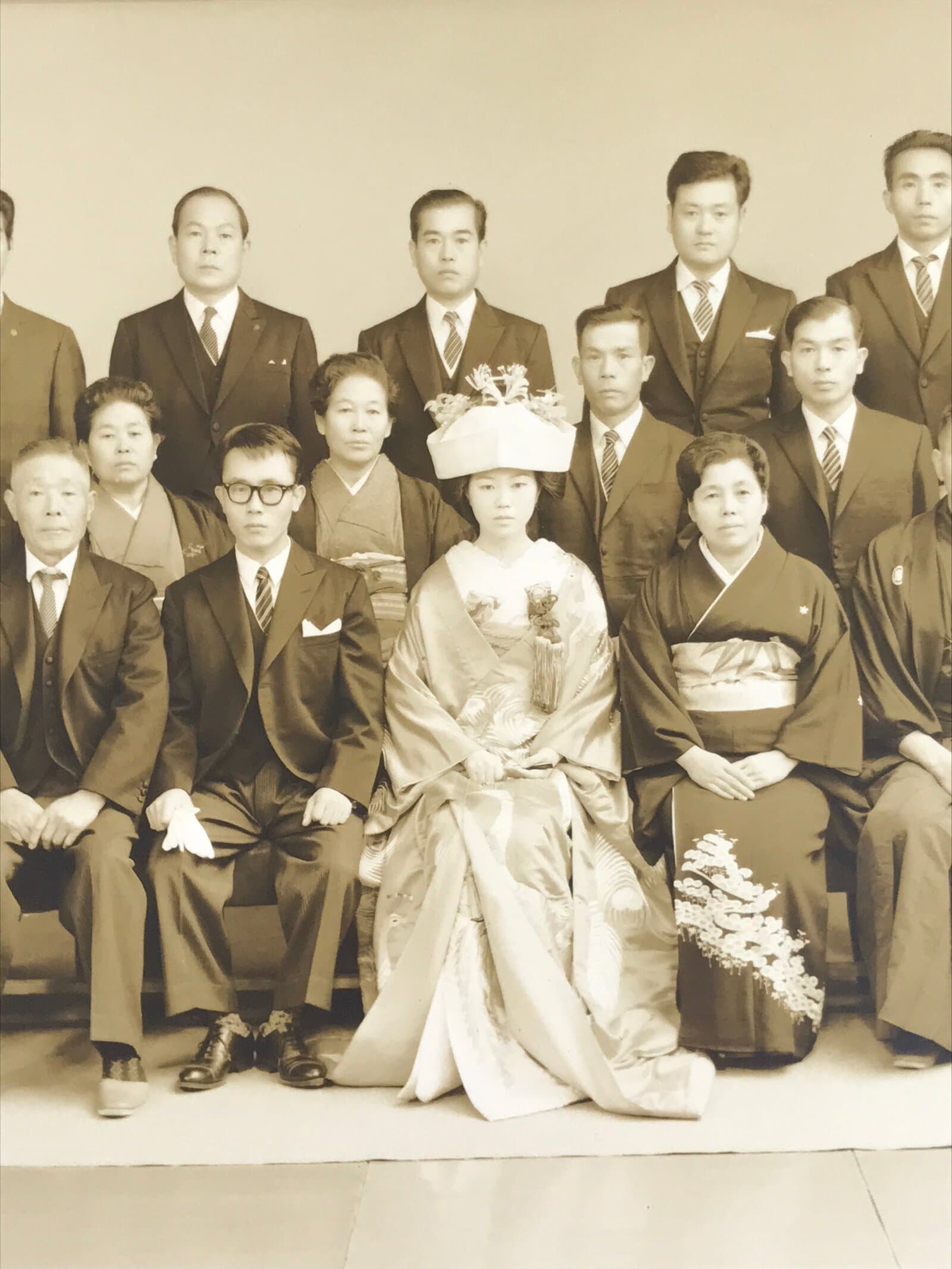 Japanese Wedding Photograph Vtg Kimono Bride Groom Family Showa Sepia Tone PH12