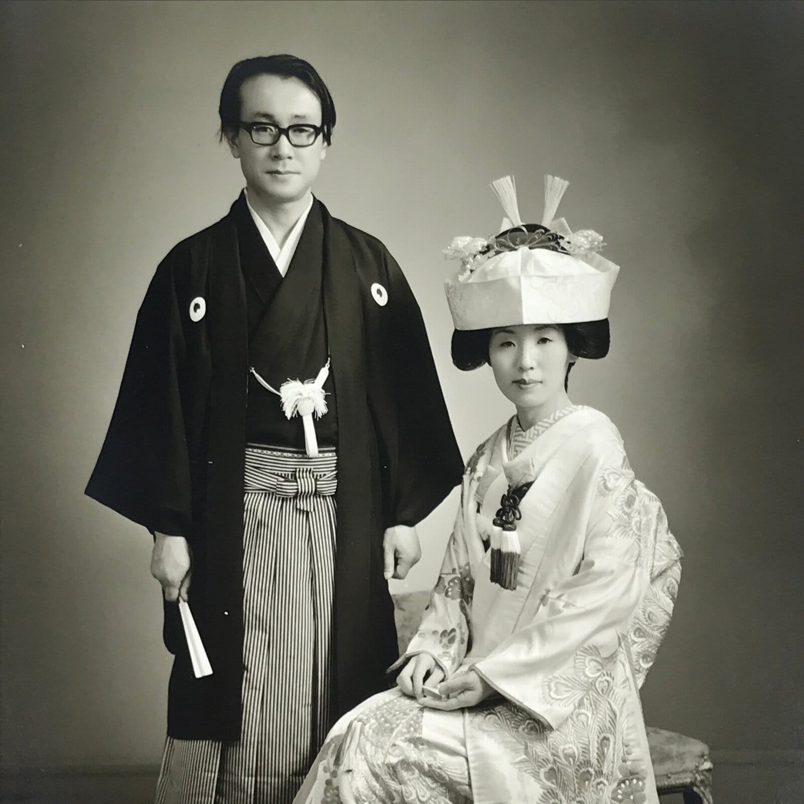 Japanese Wedding Photograph Vtg Traditional Kimono Bride Groom Black White PH6