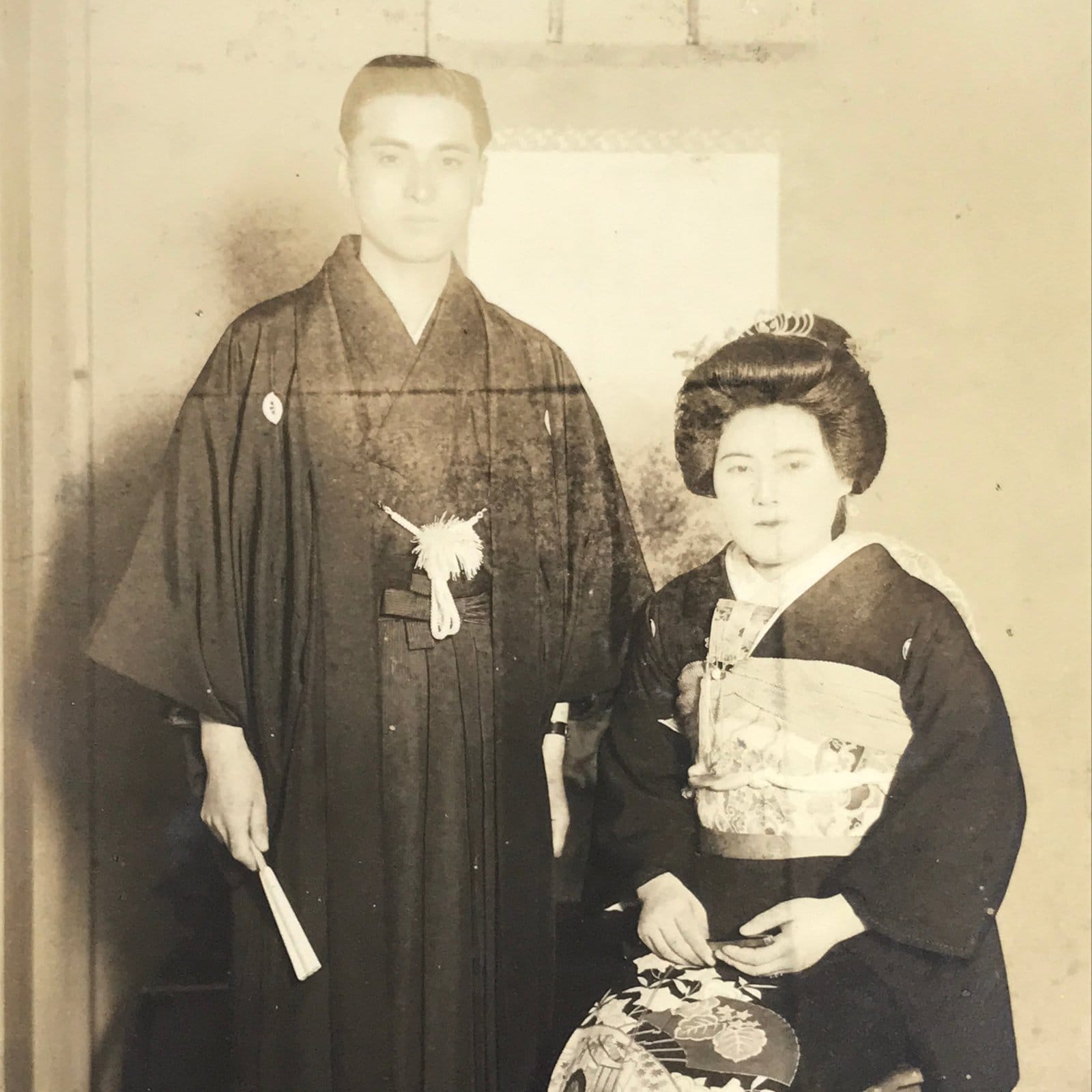 Japanese Wedding Photograph Vtg Traditional Kimono Bride Groom Sepia Tone PH102