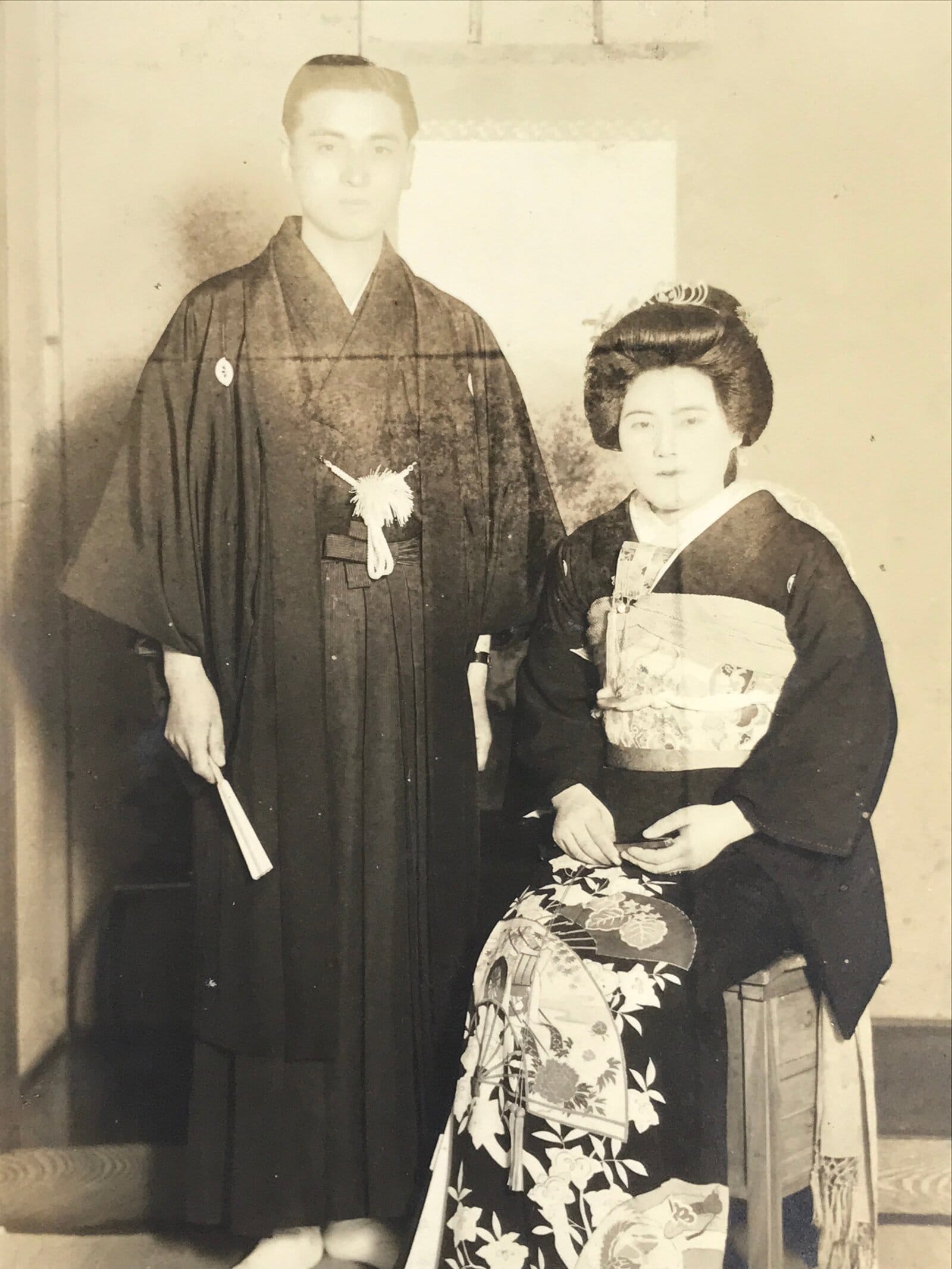 Japanese Wedding Photograph Vtg Traditional Kimono Bride Groom Sepia Tone PH102
